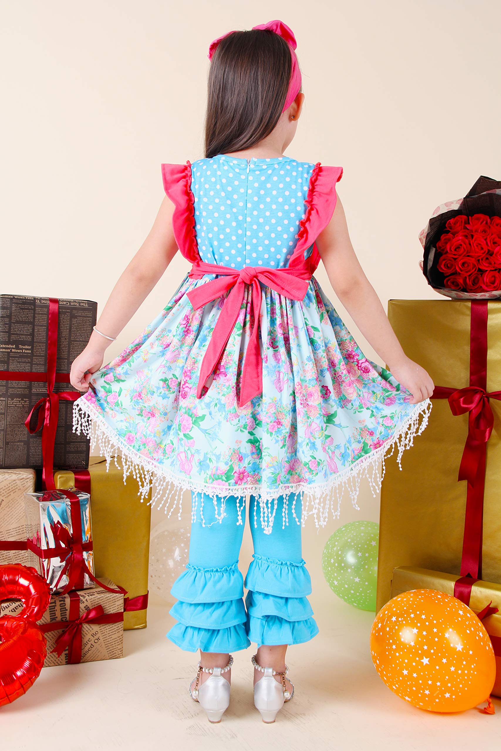 Baby Girls' Spring Easter Floral Ruffled Dress & Capri Pants Outfit Set with Hairband - Mint & Pink | Toddler Easter Outfit, Photoshoot, Church & Party Wear