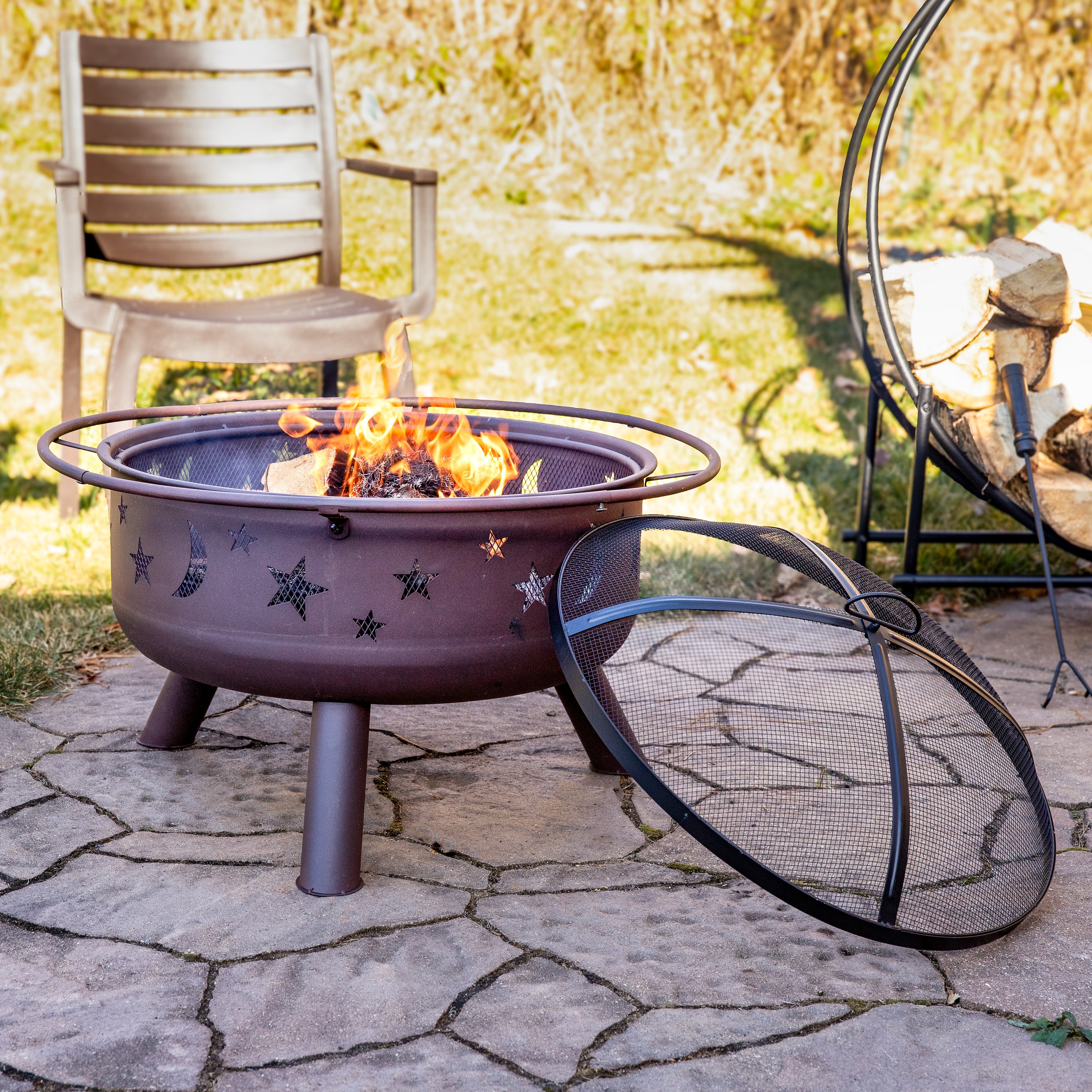 Sunnydaze 30-Inch Cosmic Cooking Fire Pit with Grill Grate & Spark Screen - Outdoor Camping, Backyard BBQ, and Patio Bonfire Cooking