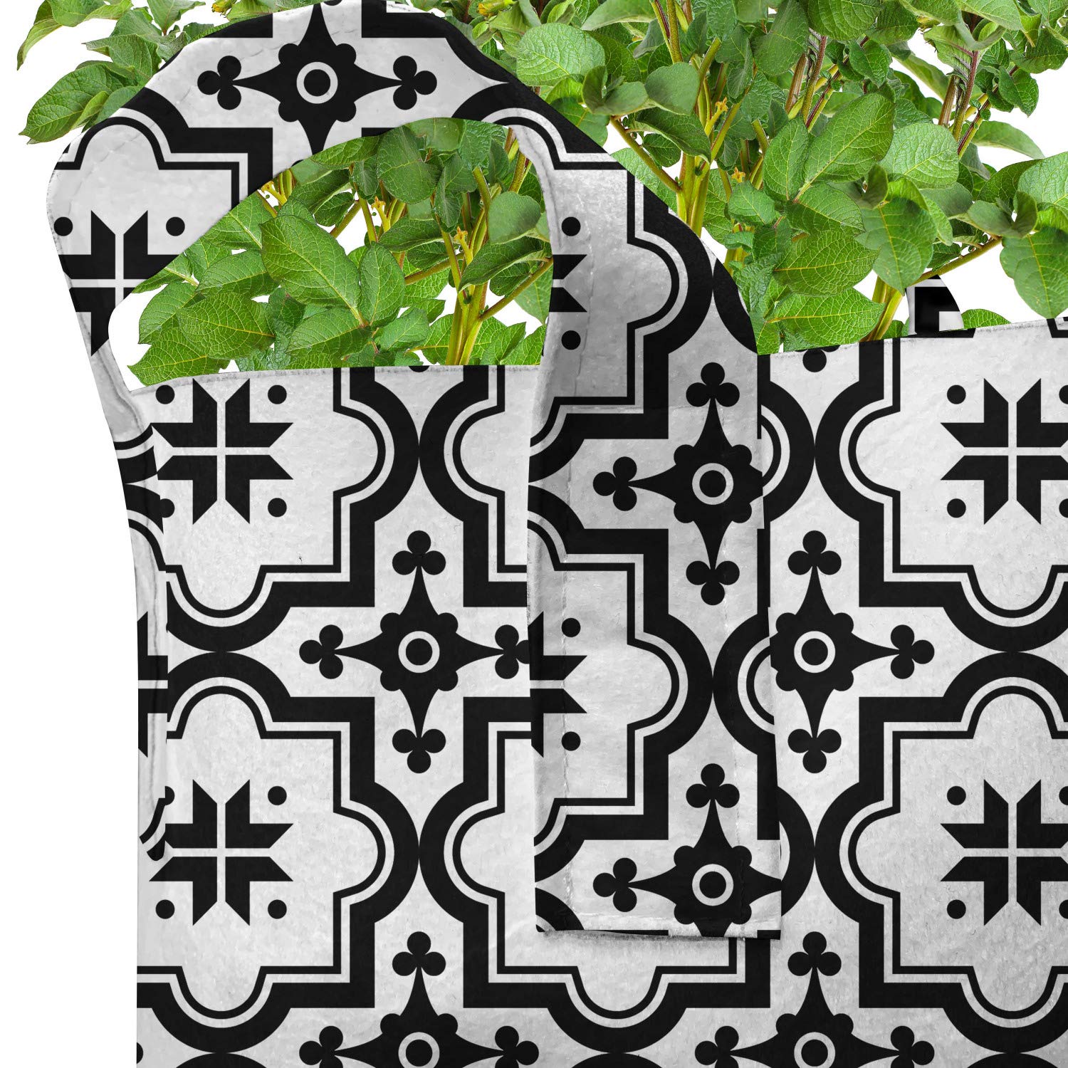 Ambesonne 5-Pack Heavy Duty 7 Gallon Moroccan Grow Bags - Monochrome Tile Pattern Fabric Plant Pots with Handles for Indoor/Outdoor Gardening - Perfect for Vegetables, Herbs, Flowers & Urban Balcony Gardens
