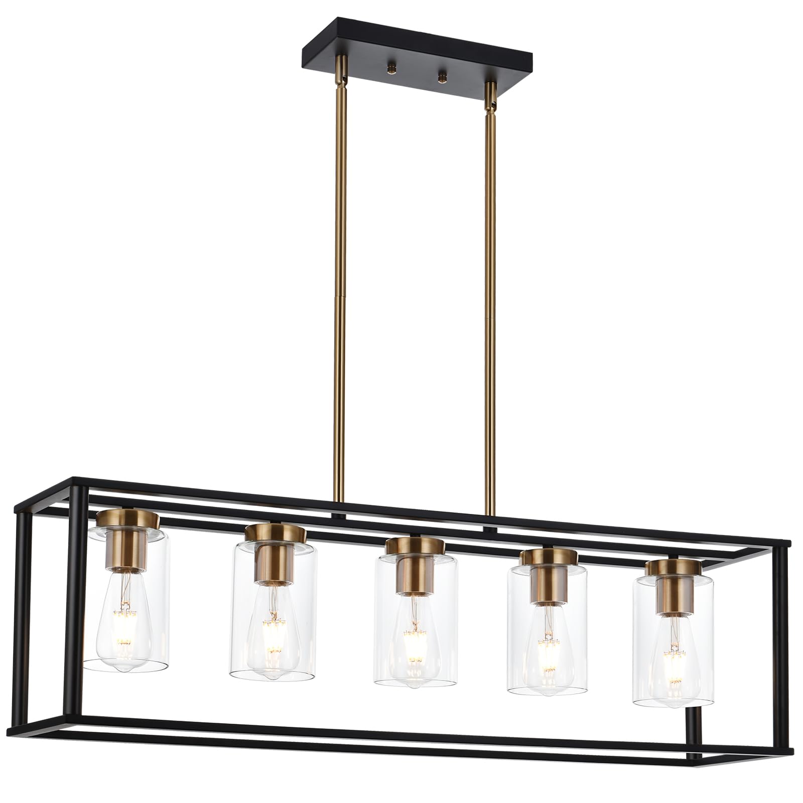 VINLUZ 5-Light Farmhouse Chandelier with Clear Glass Shade - Black & Brushed Brass Rectangular Pendant Light for Kitchen Island, Dining Room, and Industrial Ceiling Lighting | Perfect for Modern Farmhouse, Rustic, and Industrial Style Home Decor