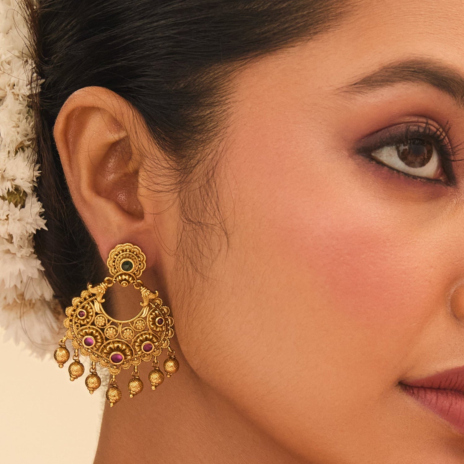 Bhavya Antique Chandbali Earrings - Traditional Indian Jewelry for Women - Handcrafted Ethnic Bridal Earrings for Weddings, Parties & Festive Occasions