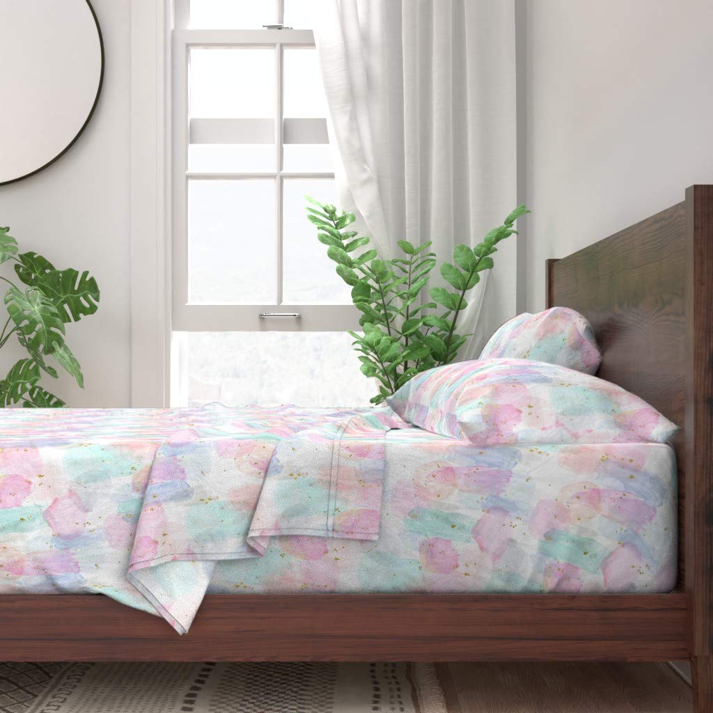 Spoonflower 100% Cotton Twin 3-Piece Sheet Set - Rainbow Stars Watercolor Abstract Print, Soft Baby Gold Pastels for Spring, Custom Bedding | Perfect for Nursery, Kids Room & Guest Bedroom Decor