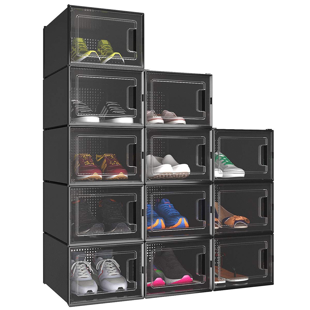 YITAHOME 12-Pack Stackable Shoe Boxes - Medium Black Plastic Storage for Closet Organization