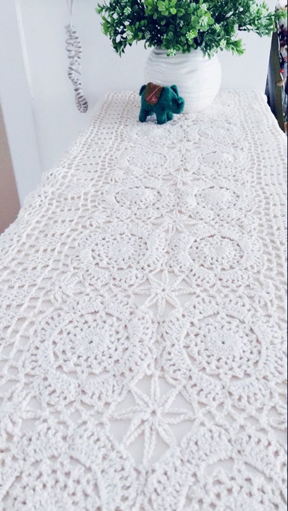 Handmade Cotton Crochet Lace Table Runner - 15x47 Inch White Rectangular Tablecloth for Dining Table, Wedding, Party Decor - Elegant Doily Dresser Scarf Home Décor