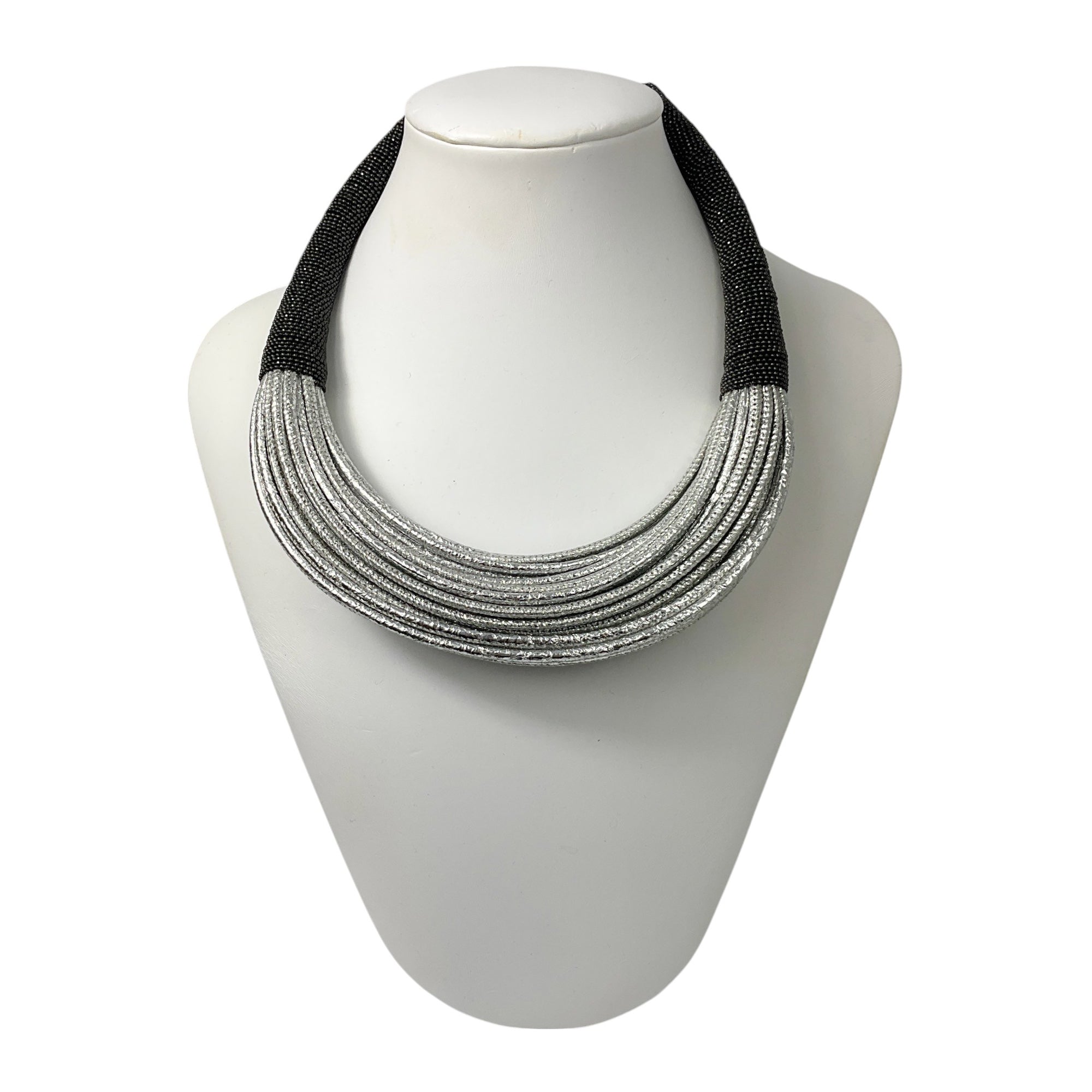 Brunello Cucinelli Silver Metallic & Charcoal Beaded Leather Toggle Choker Necklace - Elegant Statement Jewelry for Evening Wear & Special Occasions