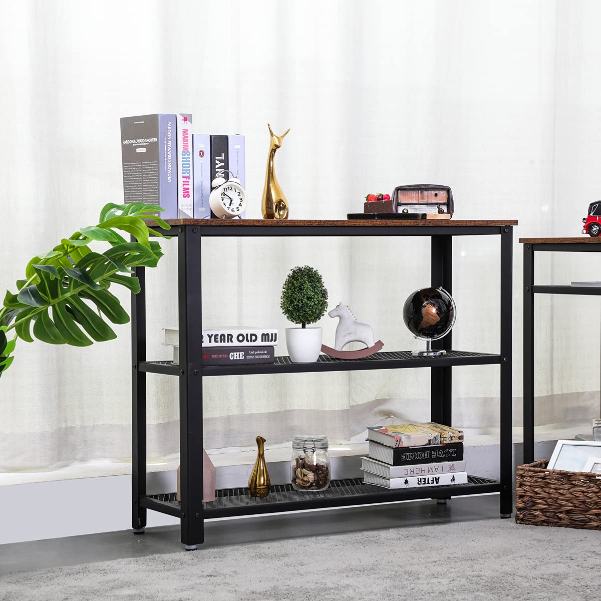 Industrial Console Table with 2 Mesh Shelves - Black Steel Hallway Table, Side Table & Sideboard for Living Room, Corridor | Perfect for Entryway Storage, Modern Home Decor & Small Space Organization