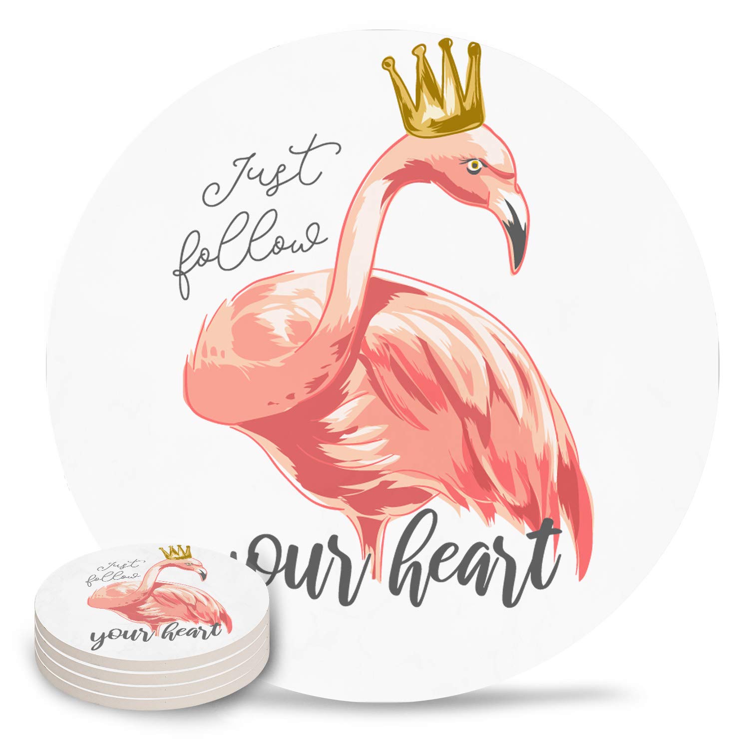 Set of 6 Absorbent Round Flamingo Drink Coasters with Cork Base - Ceramic Tabletop Protectors for Office, Kitchen & Home Decor - Perfect for Hot & Cold Beverages, Party Decorations & Coastal-Themed Spaces