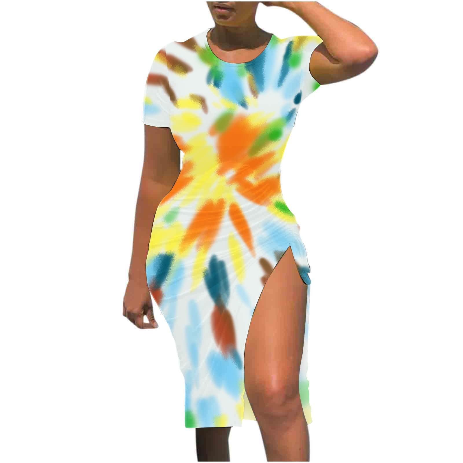 Sexy Bodycon Dress for Women - Casual Short Sleeve Round Neck T-Shirt Dress with Split & Drawstring | Perfect for Club, Party & Night Out | Slim Fit Pencil Dress for Date Night & Special Occasions