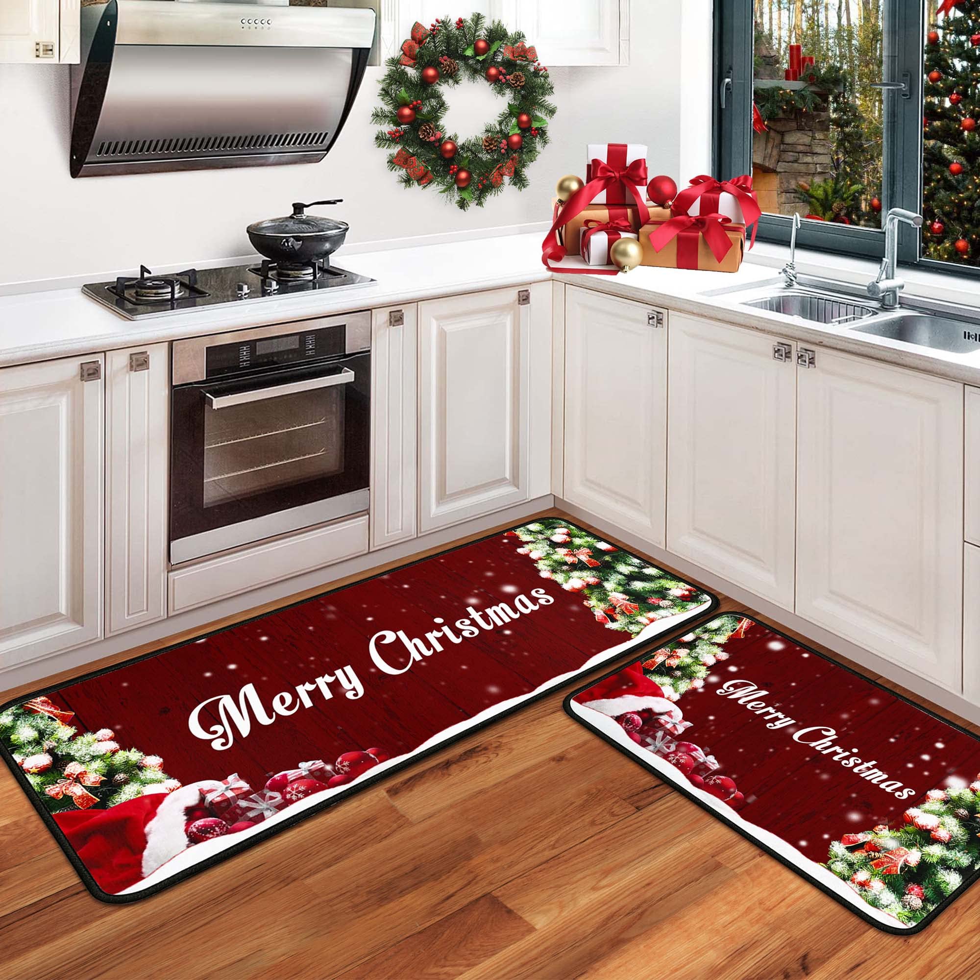 Non-Slip Christmas Kitchen Rugs Set of 2 - Washable Holiday Floor Mats with Anti-Skid Backing, Festive Xmas Decor Doormat Runner for Home Kitchen - Perfect for Holiday Cooking, Dining & Seasonal Home Decor