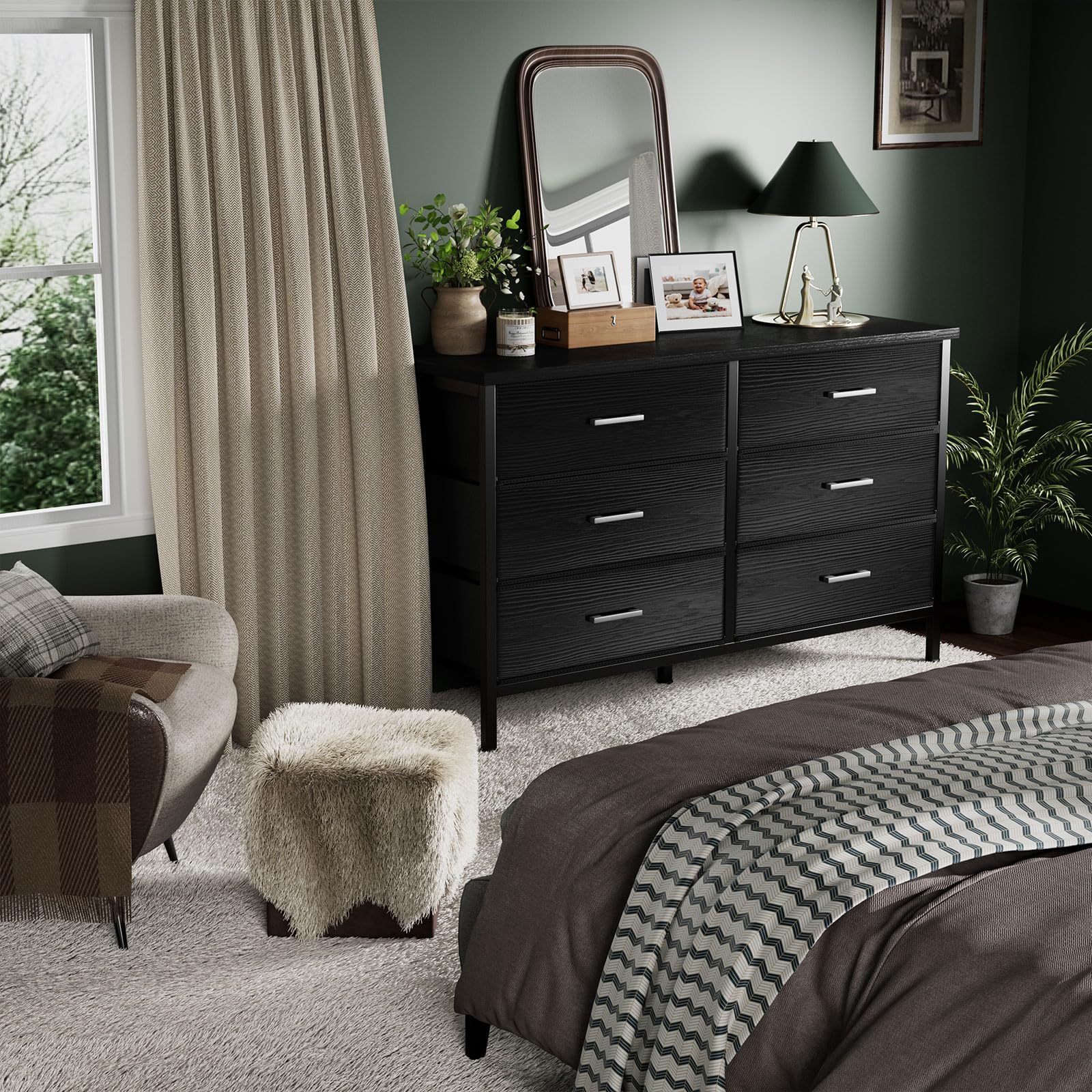 Modern 6-Drawer Wide Black Dresser for Bedroom - Sturdy TV Stand Fits 60
