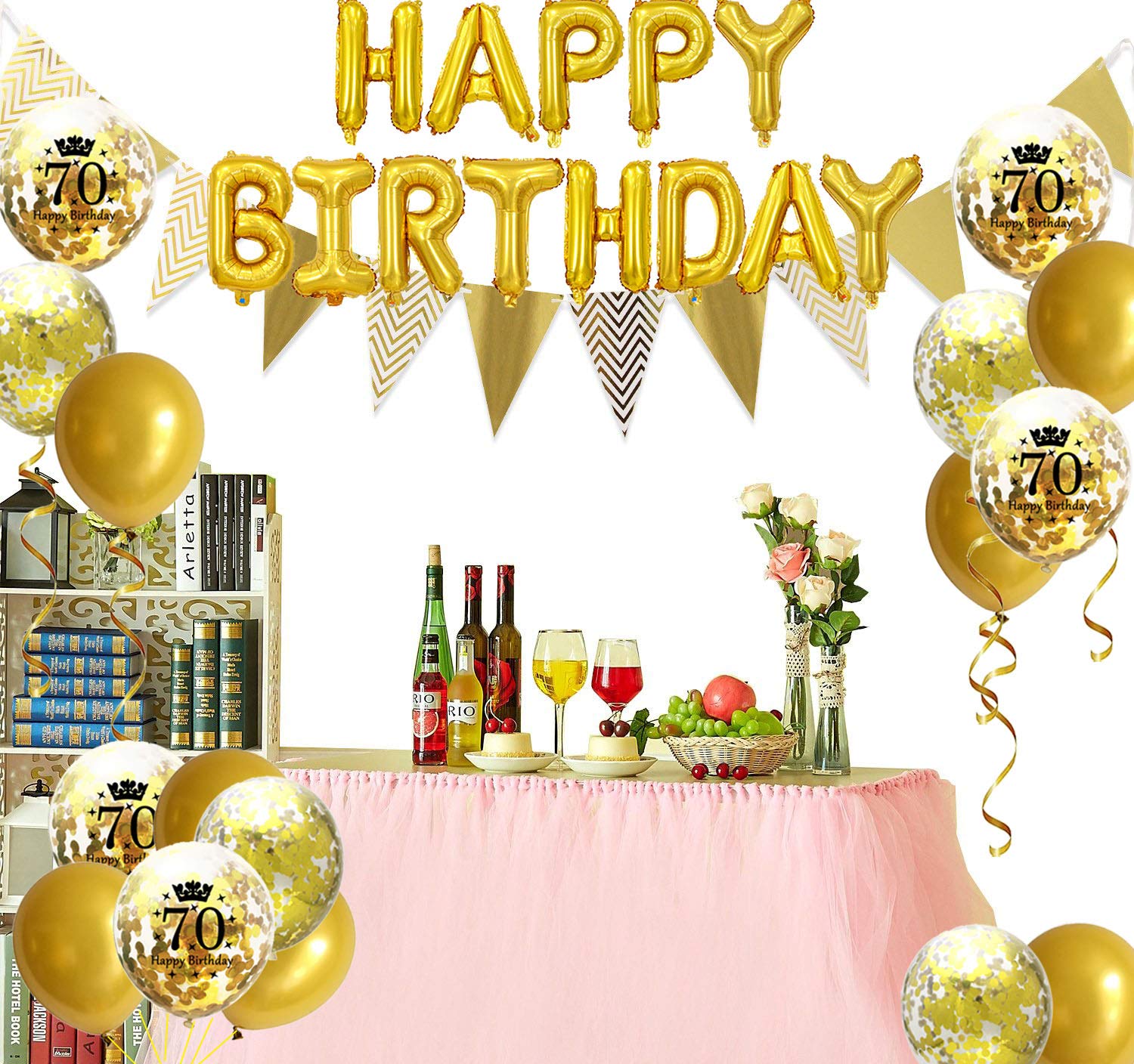 70th Birthday Party Decorations Set - Gold Happy Birthday Letter Balloons, Pennant Banners, Star Foil & Confetti Balloons for Women & Men - Perfect for Mum/Dad's Milestone Celebration - Great for Home, Restaurant & Surprise Parties