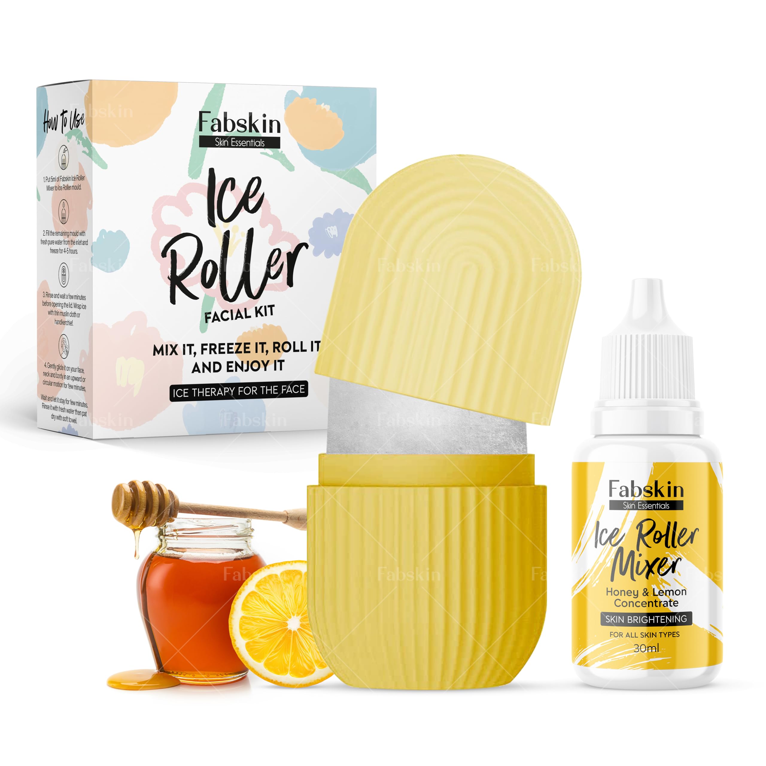 Fabskin Ice Roller for Face, Neck & Body - Cooling Facial Massager with Lemon Honey Serum (30ml) | Skin Soothing & Moisturizing Ice Cube Roller Kit for Men & Women | Perfect for Puffiness Relief, Post-Workout Recovery & Morning Skincare Routine