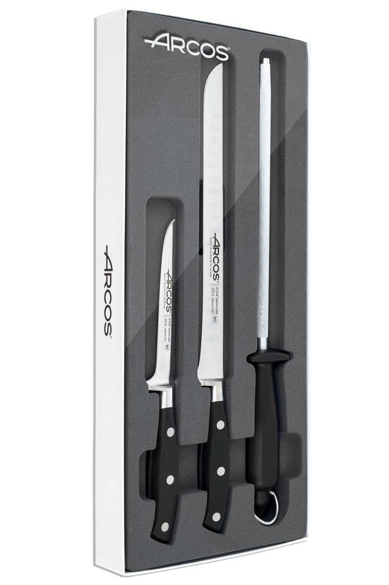 Arcos Nitrum 3-Piece Stainless Steel Slicing Knife Set with POM Handle - Professional Chef Knives for Meat, Vegetables & Fruits - Riviera Series Black Kitchen Cutlery - Perfect for Home Cooking & Restaurant Use