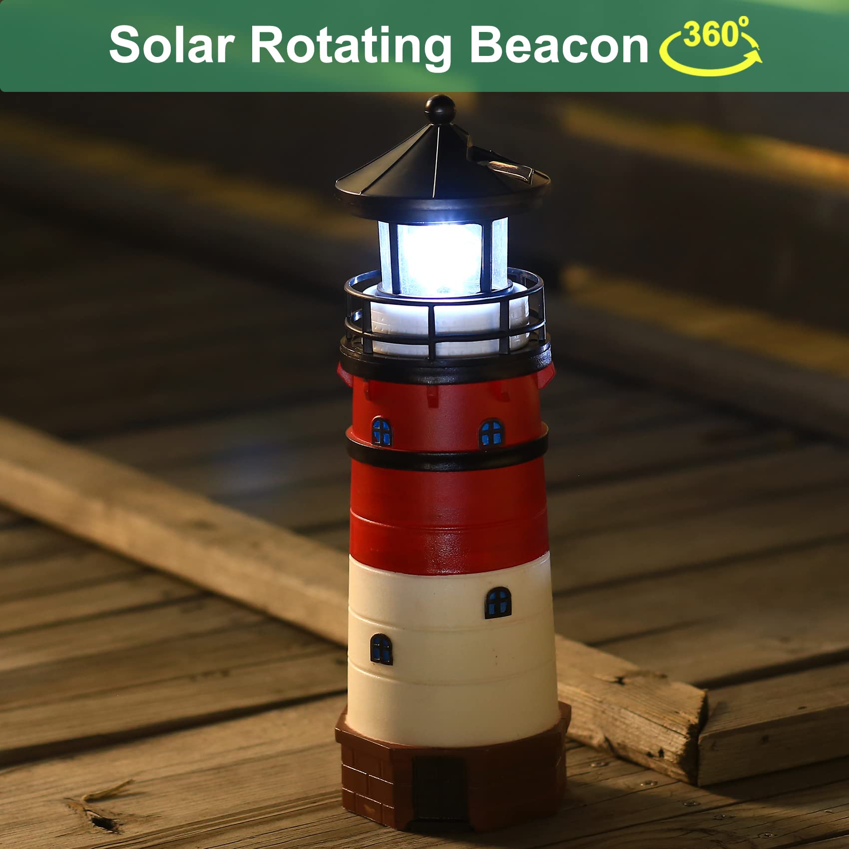 Solar Powered Rotating Beacon LED Lighthouse Lamp - Classic Red Outdoor Decorative Light for Garden, Patio, Well Cover | Perfect Landscape Lighting & Unique Gift Idea for Coastal & Nautical Theme Decor