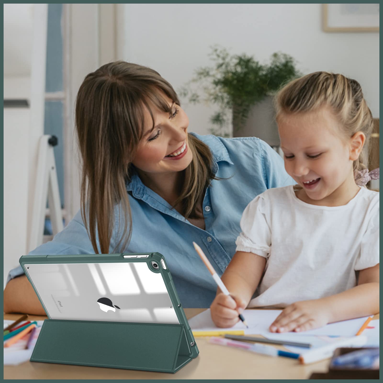 Fintie Hybrid Slim Shockproof Case for iPad 6th/5th Gen (2018/2017) & iPad Air 2/Air 1 (9.7 Inch) - Clear Transparent Back Cover with Built-in Apple Pencil Holder, Midnight Green - Perfect for Work, School & Travel Protection