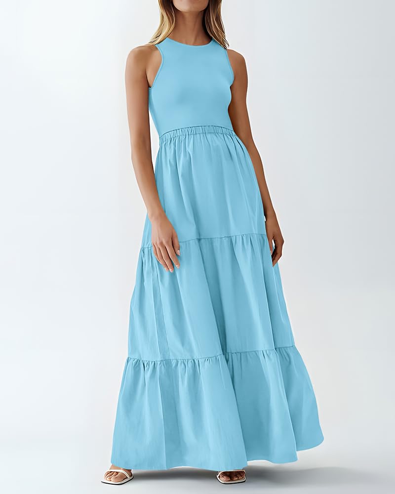 BTFBM Women's Sleeveless Summer Maxi Dress - Wedding Guest Dress with Ribbed Knit Top & Pockets - Flowy Polyester Skirt for Beach Vacations, Garden Parties & Special Occasions