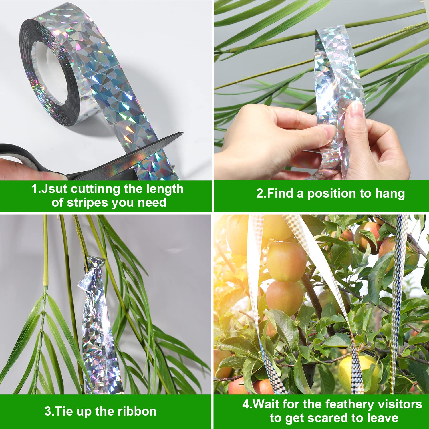 Reflective Scare Tape 492ft - Double Sided Flash Tape, Holographic Glitter Bird Deterrent for Gardens & Farms (2 Rolls) - Protect Crops from Birds & Pests