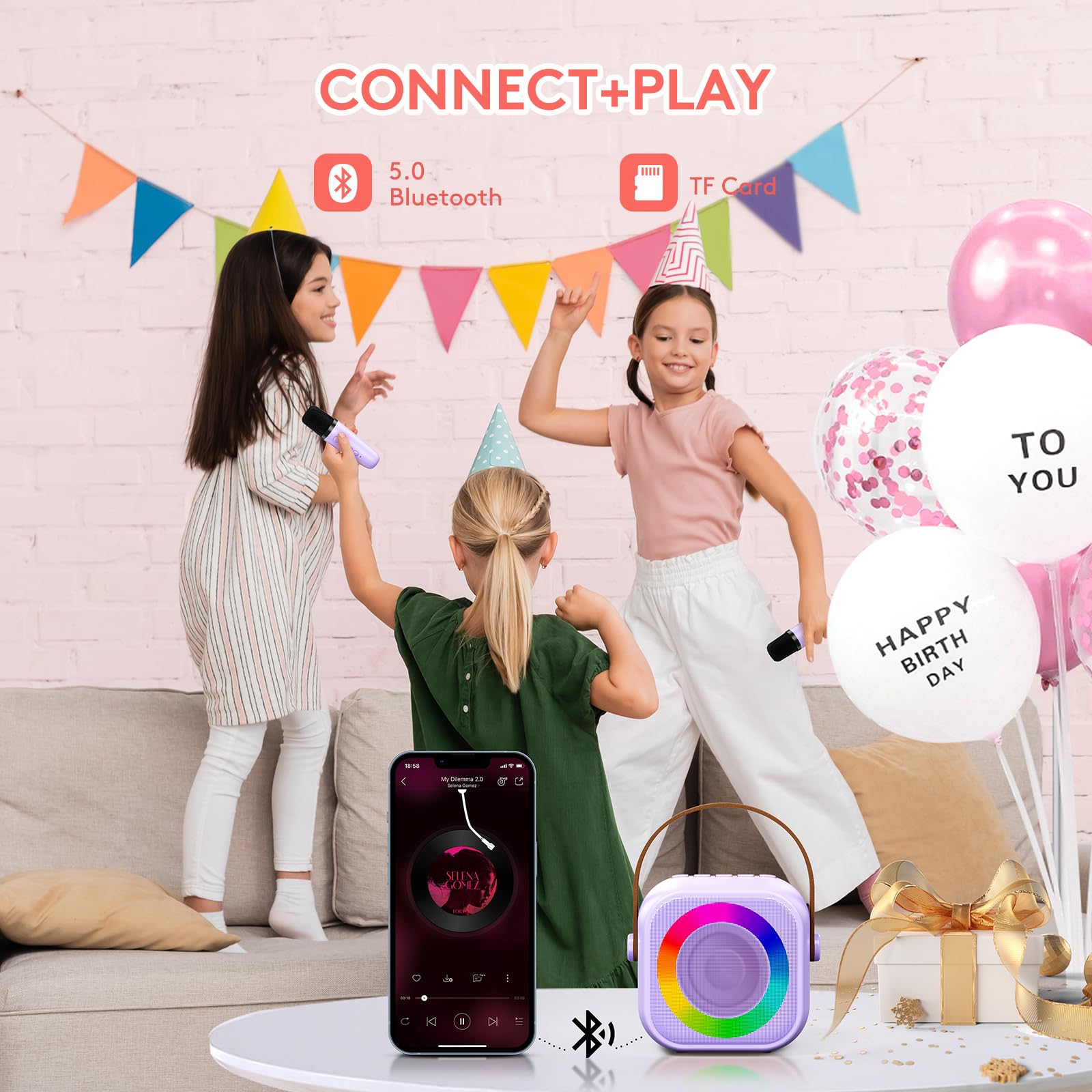 Portable Bluetooth Karaoke Microphone Speaker for Kids - Mini Singing Machine with 2 Wireless Mics, Easter & Birthday Gift for Girls Ages 4-10 | Home Parties, Travel Entertainment, Family Fun