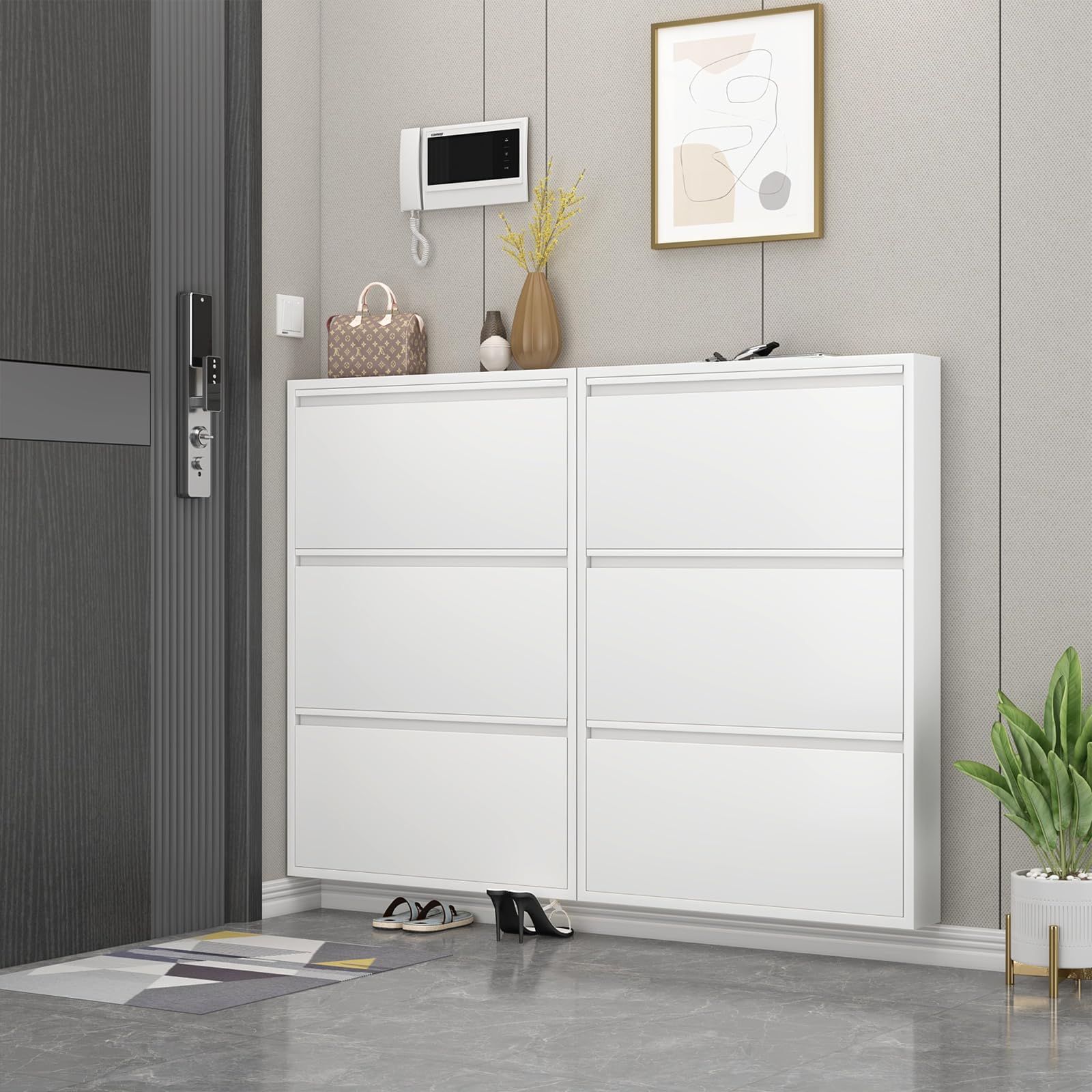 LucyPal 3-Tier Flip Drawers Shoe Storage Cabinet - Narrow Freestanding Shoe Organizer for Entryway, Hallway, Bedroom & Apartment - White Metal Shoe Rack (43