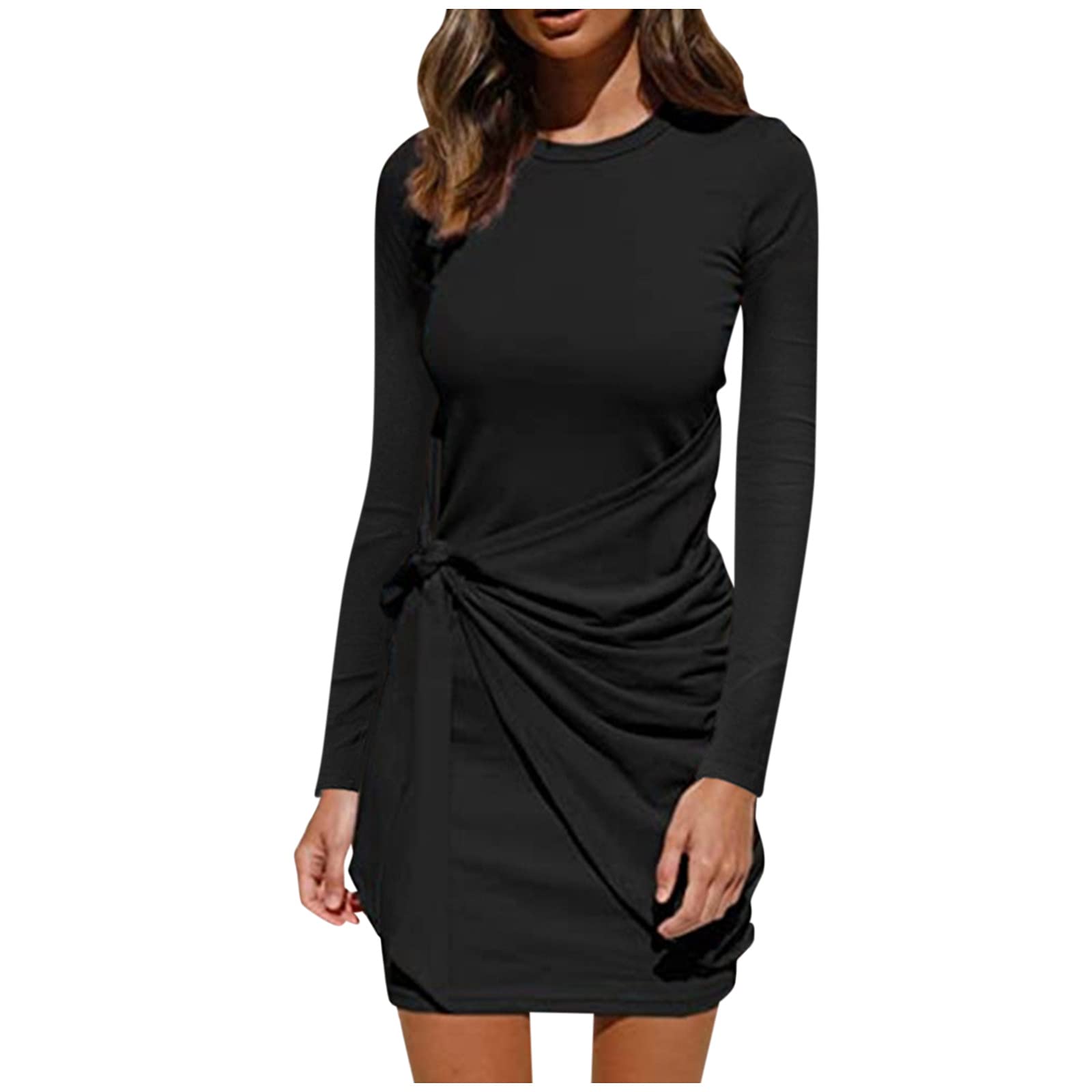 Women's Long Sleeve Knit Sweater Dress - Bodycon Ruched Tie Waist Mini Dress for Fall & Winter | Casual Office Wear, Date Night Outfits, Holiday Party Dresses