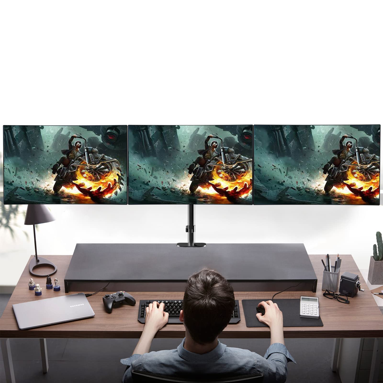 Pholiten Triple Monitor Stand with Gas Spring Arm - Heavy Duty 3 Monitor Mount for 17-32 Inch Screens (Up to 22lbs) - Perfect for Gaming, Office Work & Multi-Tasking Setup