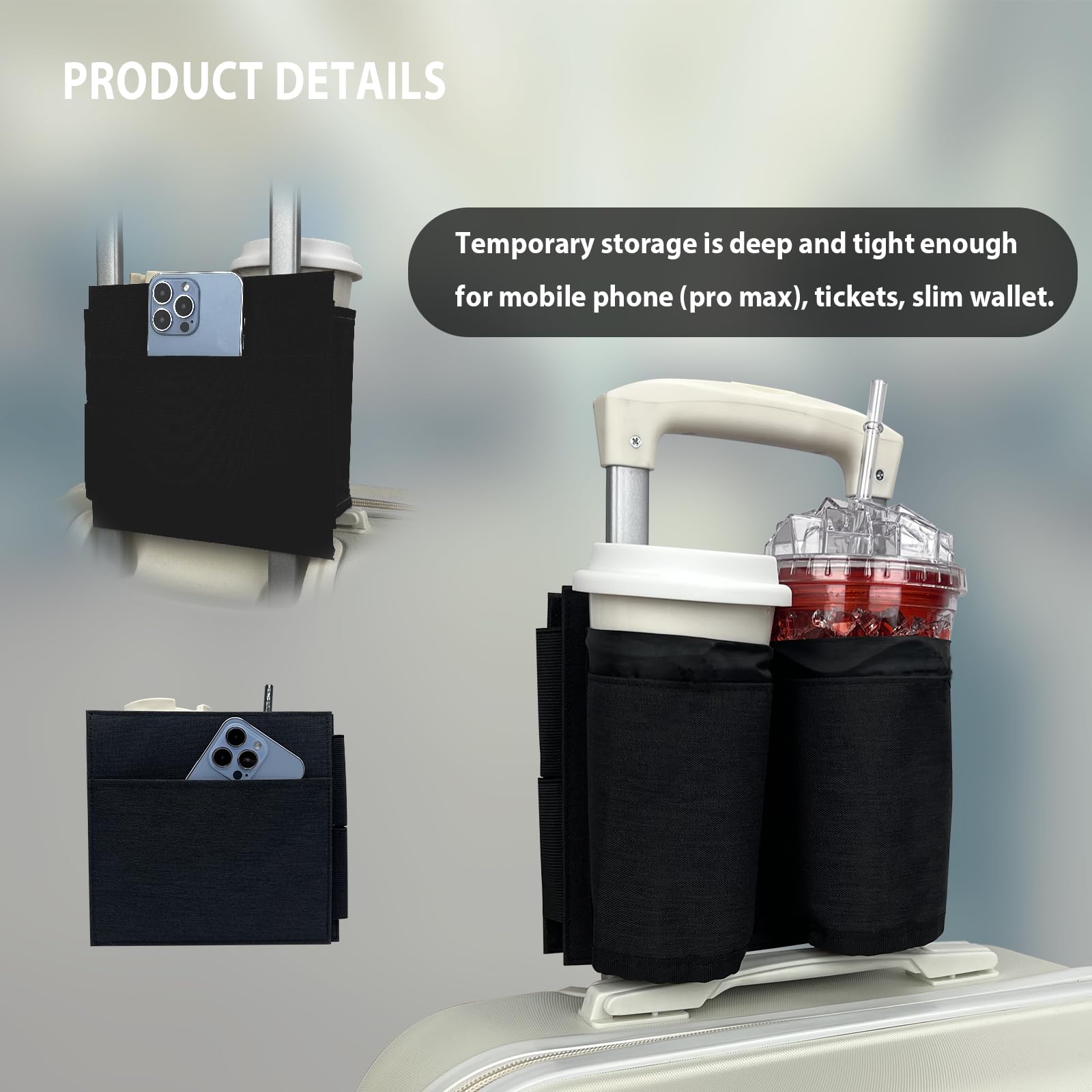 **Vethers Travel Luggage Cup Holder - Hands-Free Drink Carrier Attachment for Suitcases, Perfect for Coffee, Beverages, Bottles & Snacks - Ideal for Airports, Road Trips & Commuting (Black)**