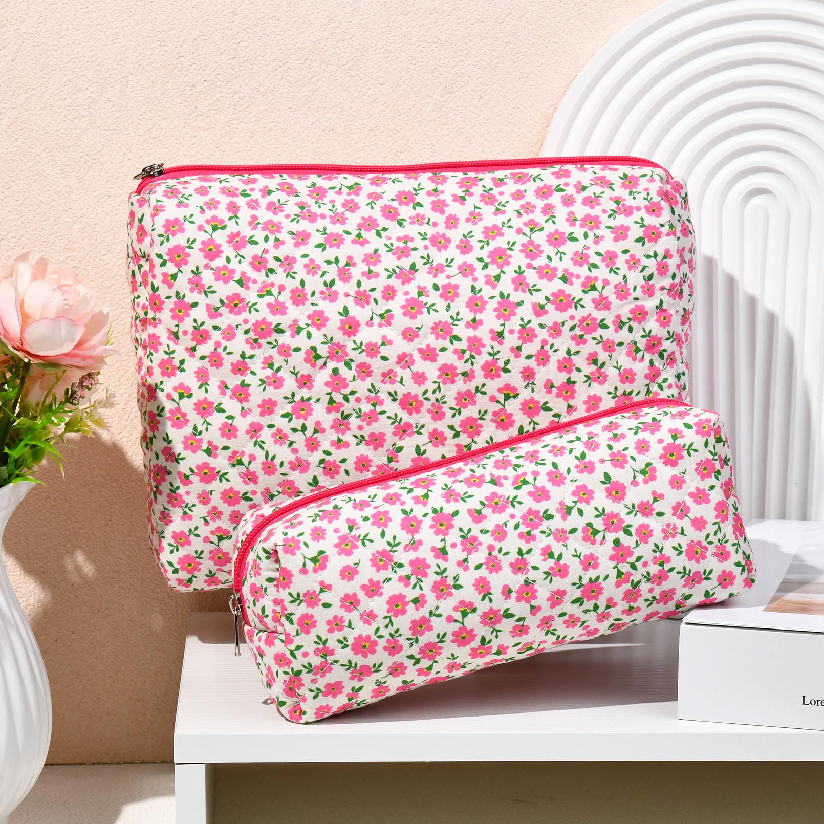 2 Pack Floral Quilted Makeup Bags for Women - Large Cotton Cosmetic Pouch, Travel Toiletry Organizer, Cute Aesthetic Puffer Bag for Girls (Perfect for Travel, Gym, Daily Use & Gift)