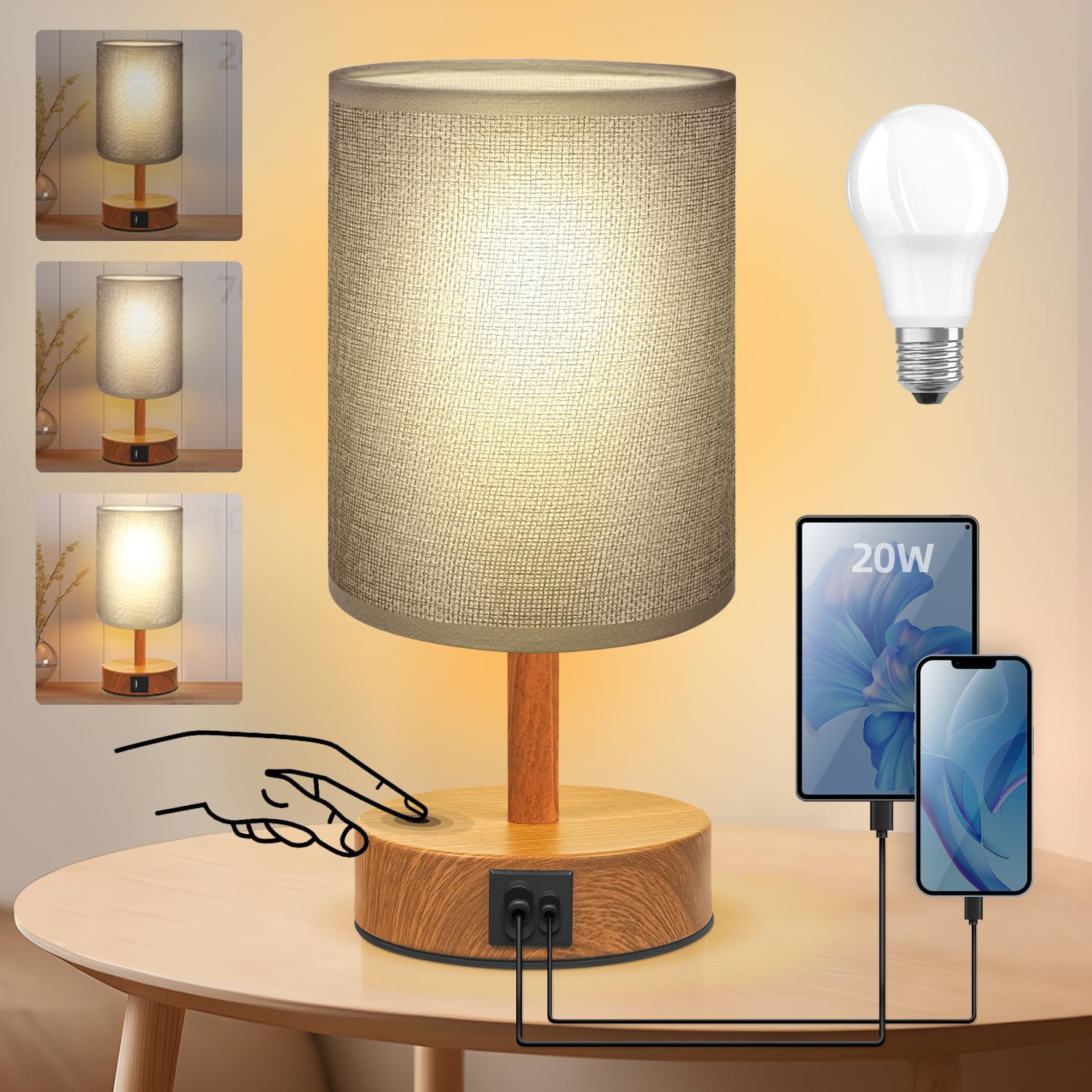 LAMPYLIFE Touch Control Bedside Lamp with USB C & A Fast Charging - 20W Dimmable Nightstand Lamp with Beige & Gray Lampshade, Wood-Look Base - Perfect for Bedroom, Living Room, Office & Nursery Lighting