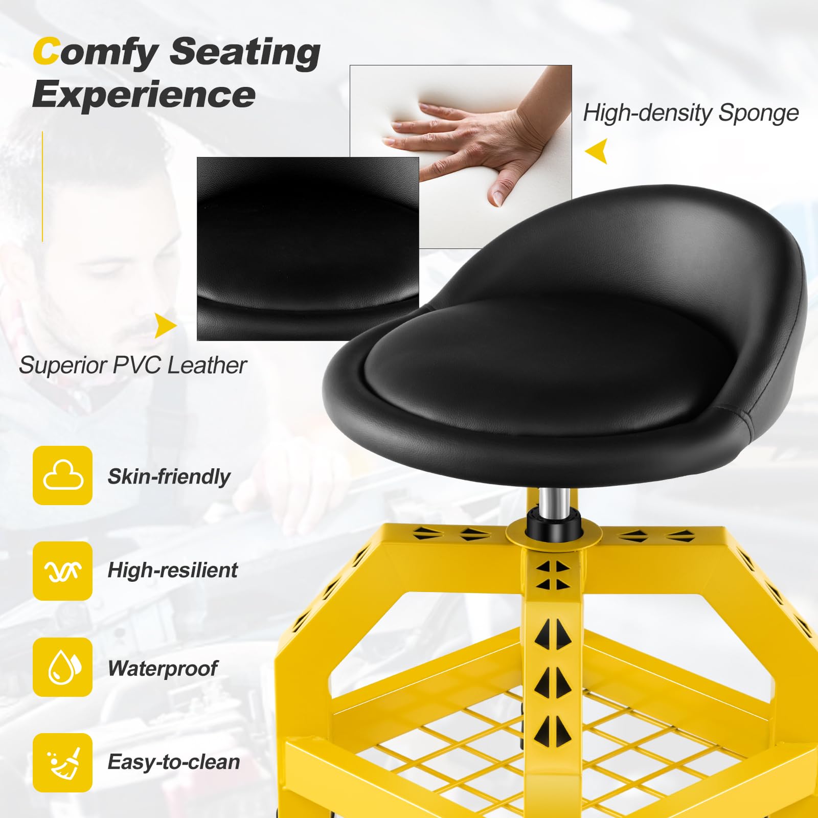 Goplus Heavy Duty Mechanic Stool with Wheels - 360° Swivel Rolling Garage Stool, Adjustable Height 22.5”-27.5”, Padded Seat & Tool Tray, 330 LBS Capacity - Perfect for Auto Repair, Workshop, DIY Projects & Industrial Use