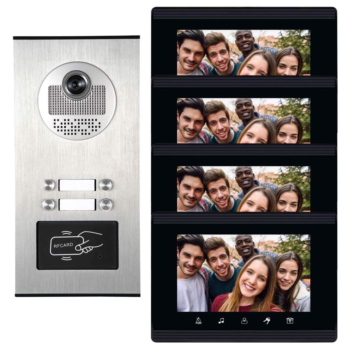 Upgrade 4 Units Apartment Intercom System - 7 Inch Touch Screen Video Door Phone Kit with Ethernet Cable Connection, Single Power Supply & ID Keyfobs for Home Security | Smart Access Control for Apartments, Condos & Gated Communities