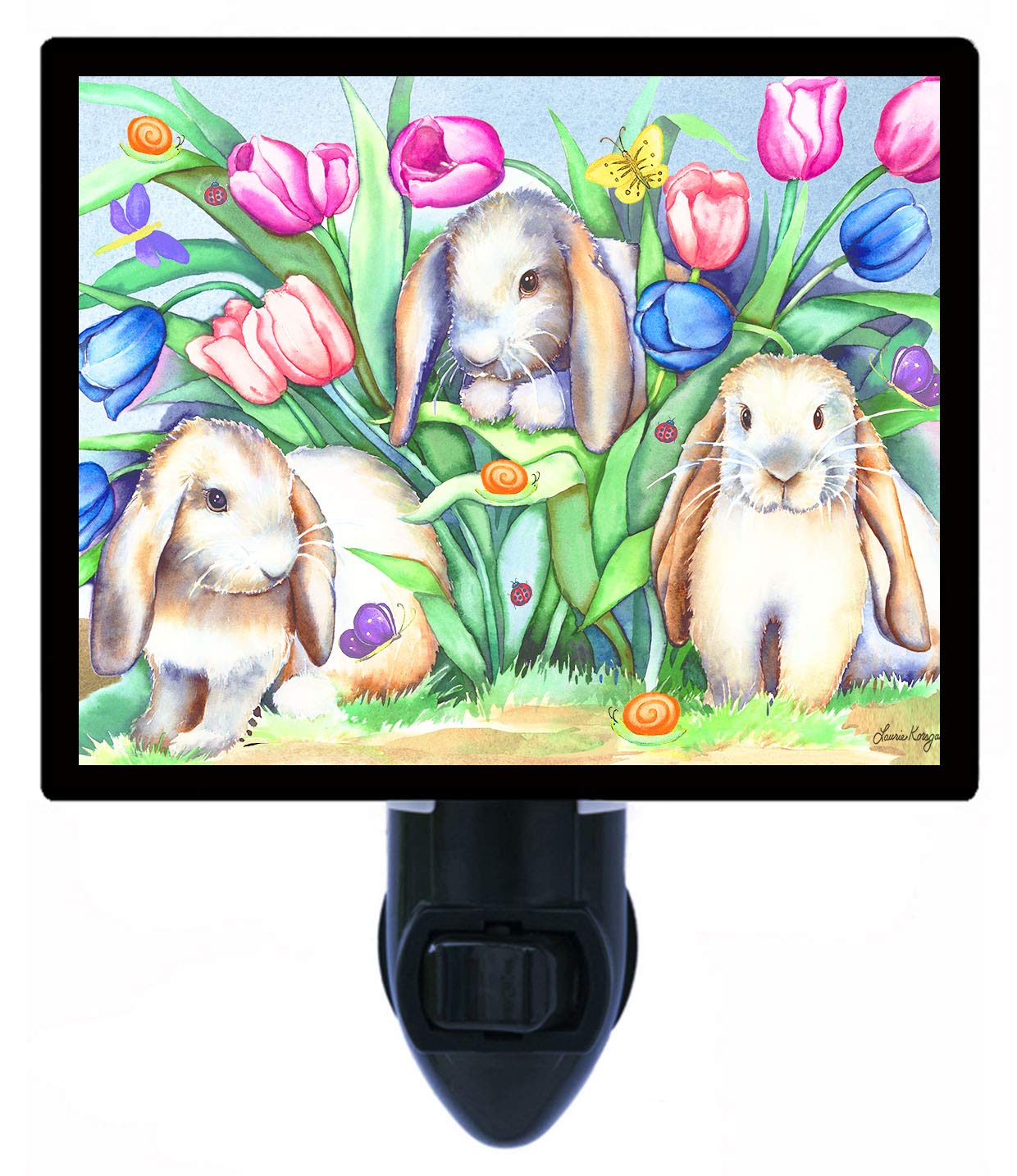 Decorative Bunny Trio Photo Night Light with Tulips - Cute Rabbit Garden Animal Lamp for Kids' Room, Nursery, or Bedside Decor