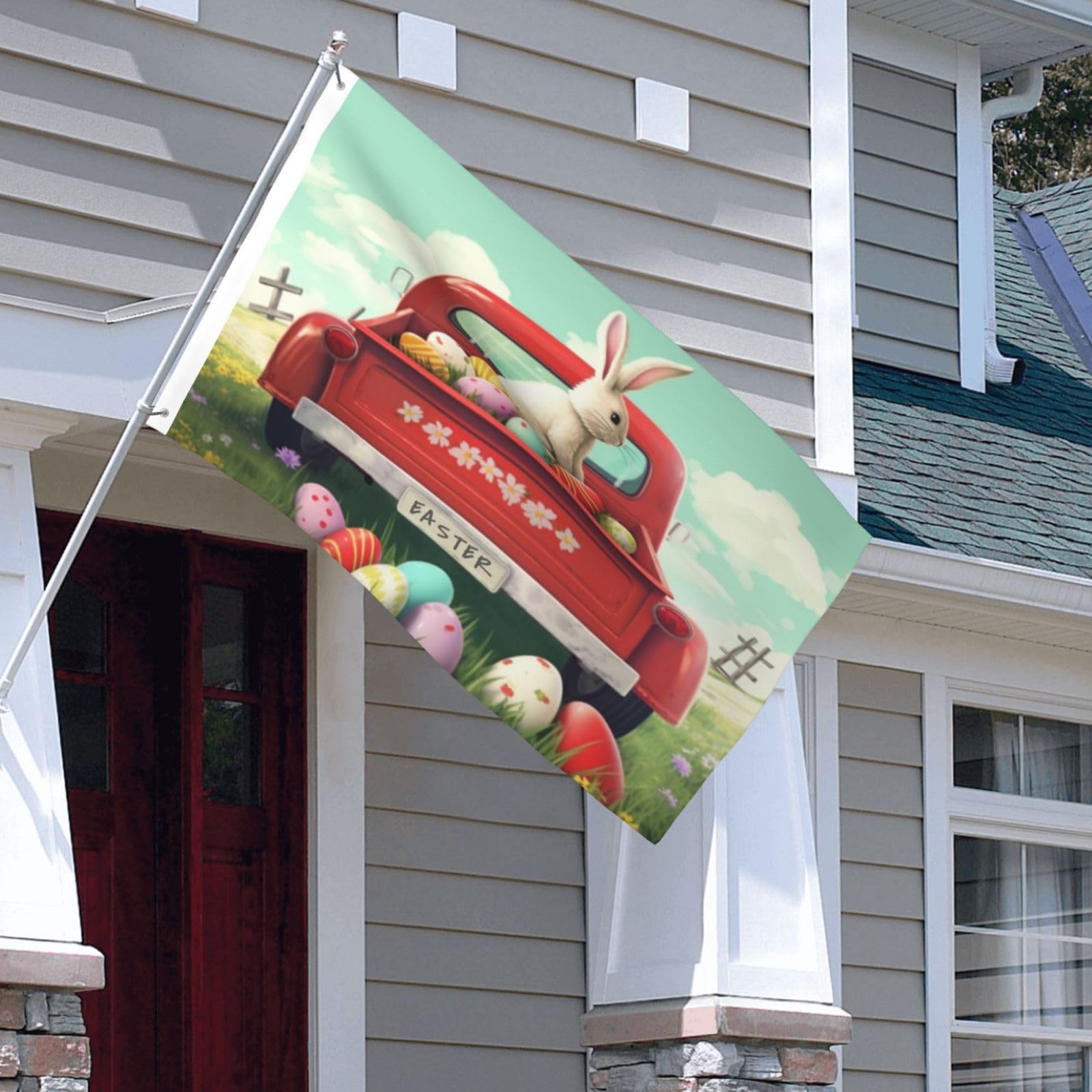 Easter Eggs Double-Sided Printed Flag 3x5 Feet - Rabbit in Truck Garden Yard Banner for Indoor/Outdoor Holiday Decor | Perfect for Easter Celebrations, Spring Parties & Home Decoration
