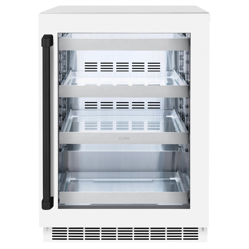 ZLINE Autograph Edition 24 Inch Touchstone 151 Can Beverage Refrigerator - White Matte Glass Door with Matte Black Handle - Compact Drink Cooler for Home Bar, Office, or Man Cave (RBSOZ WM 24 MB)