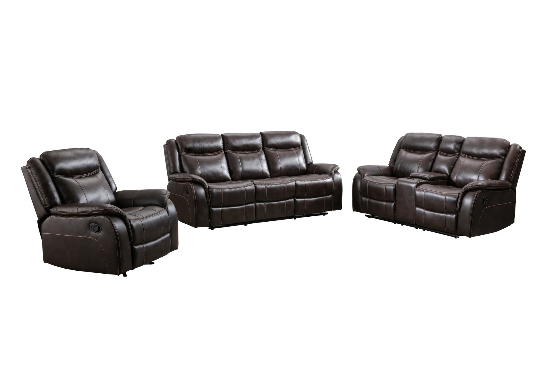 Brown Paxton Reclining Living Room Set - 3-Piece Comfortable Leather Sofa & Loveseat with Cup Holders | Perfect for Family Movie Nights & Entertaining Guests