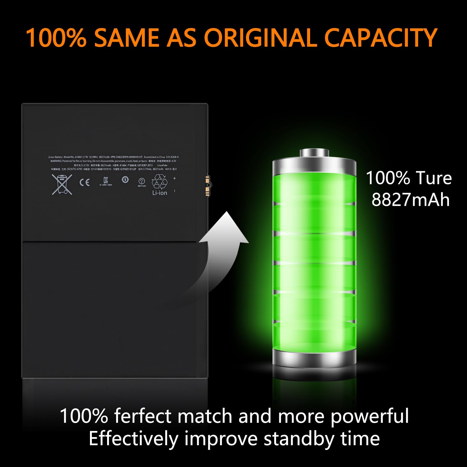 High Capacity 8827mAh A1484 Replacement Battery for iPad Air 1/2, iPad 5th/6th/7th/8th Gen - Compatible with iPad Models A1474 A1475 A1476 A1822 A1823 A1893 A1954 A2197 A2198 A2200 A2270 A2428 A2429 A2430 - Perfect for Home, Office & Travel Use