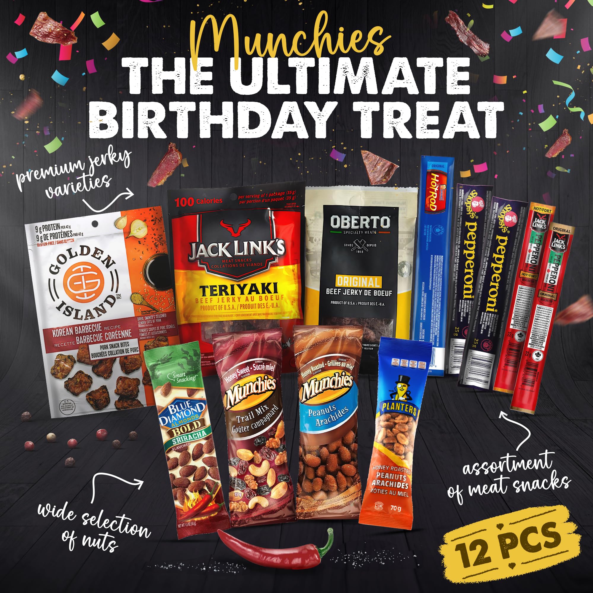 Premium Beef Jerky Gift Box for Men - 12pc Carnivore Snack Assortment with Birthday Card - Best Birthday Gifts for Him, Boyfriend, Husband & Dad | Gourmet Meat Snacks for Outdoor Adventures, Game Nights & Man Cave Treats