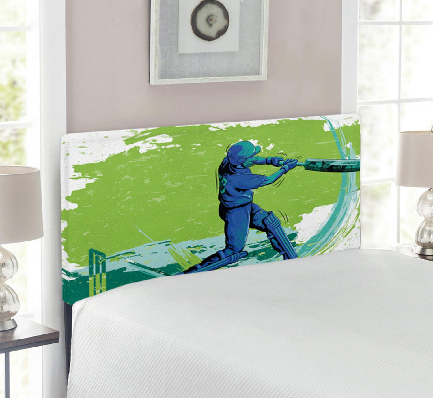 Ambesonne Cricket Sports Headboard - Upholstered Memory Foam Bed Headboard with Paintbrush Effect for Twin Size Bed, Lime Green & Turquoise - Perfect for Sports Fans Bedroom Decor, Kids Room & Dormitory