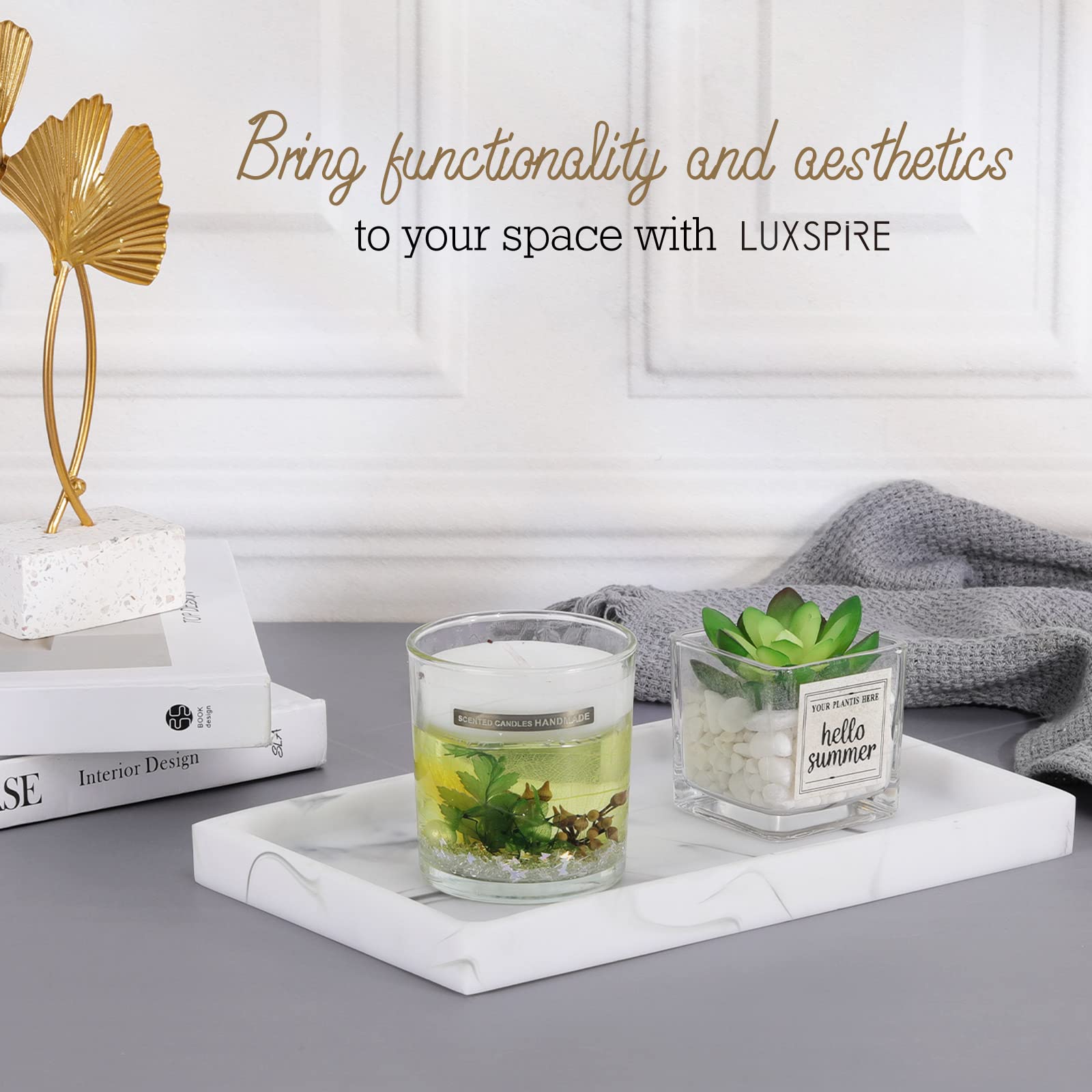 Luxspire White Marble Bathroom Vanity Tray - Resin Jewelry Organizer, Ring Dish & Countertop Storage for Perfume, Candles, Soap, Towels | Bathroom, Dresser & Kitchen Sink Decor | Perfect for Home, Spa & Hotel Use