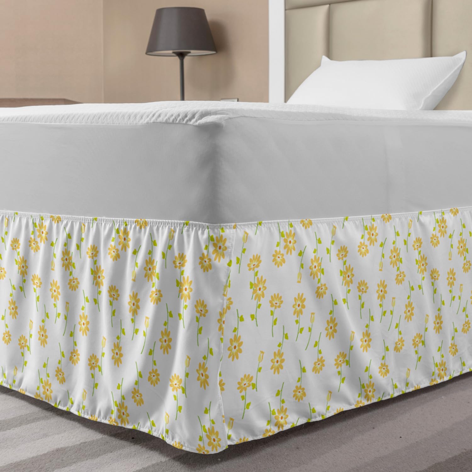 Ambesonne Floral Bed Skirt - Vibrant Tulip Pattern Elastic Dust Ruffle Wrap for Twin/Twin XL Beds | Spring Blossom Decor in Mustard Yellow & Green | Perfect for Bedroom Makeover & Guest Room Styling