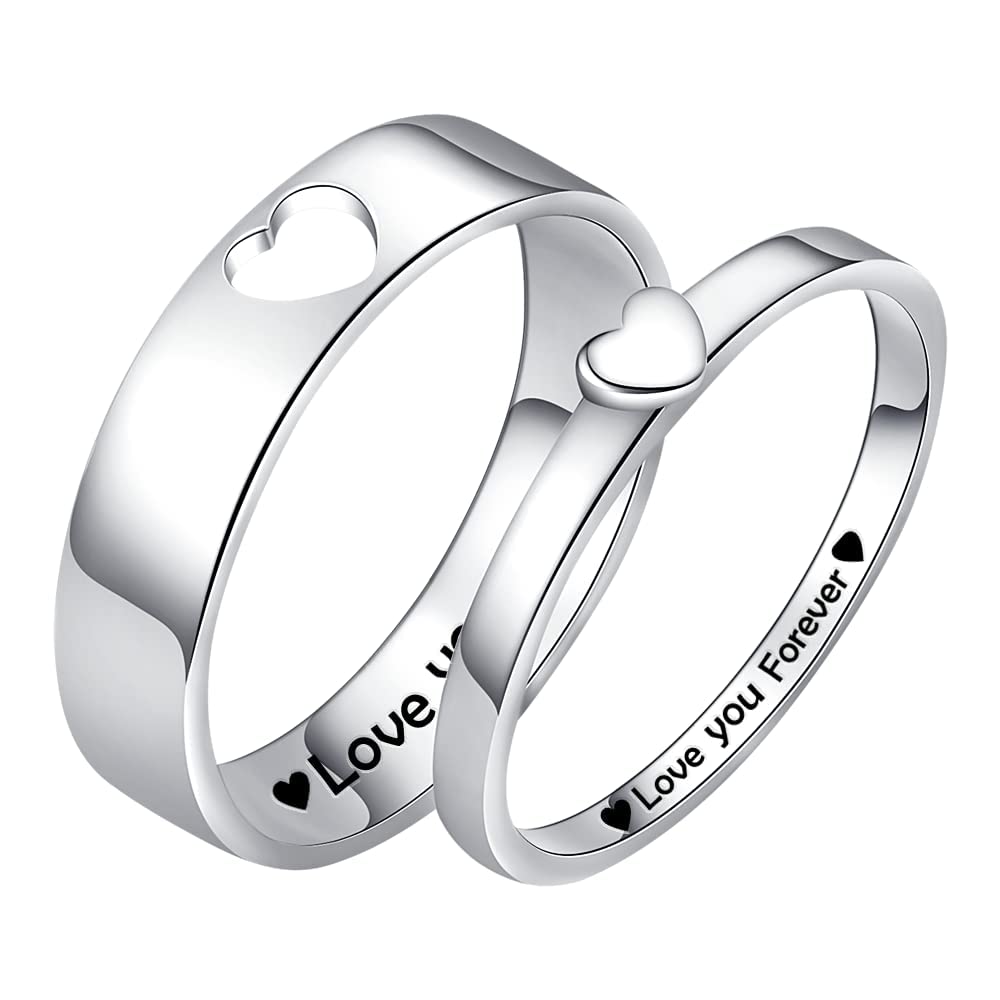 Personalized 925 Sterling Silver Matching Rings for Couples - Heart Promise Rings, Custom Engagement & Wedding Band Sets for Him & Her | Romantic Gift for Anniversaries, Valentine's Day & Proposals