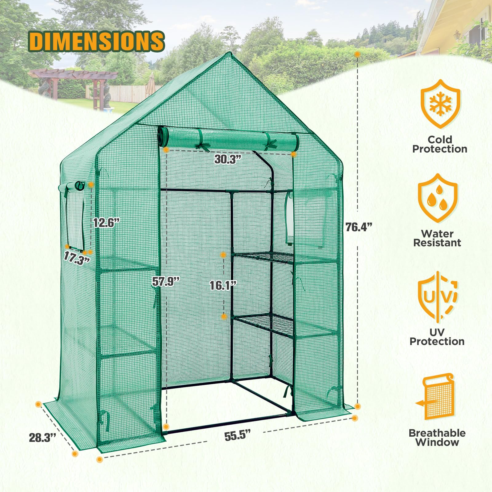 COOS BAY 57x29x77 Inch Walk-in Mini Greenhouse with Windows & Roll-up Door - 3 Tier 4 Shelf Portable Plant Hot House for Indoor/Outdoor Gardening, Seed Starting & Plant Protection (Green)