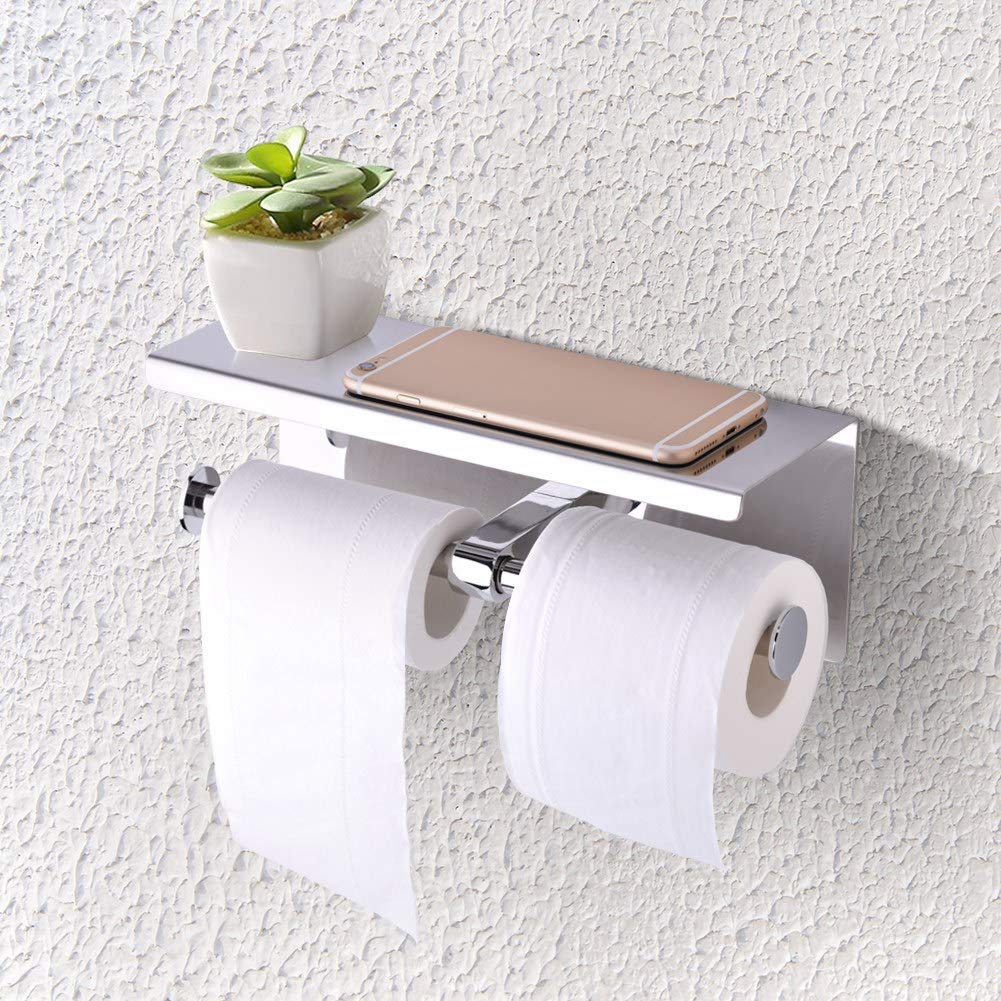 Greensen Stainless Steel Toilet Paper Holder - Wall Mounted Bathroom Tissue Dispenser with Storage Shelf | Double Roll Toilet Paper Rack for Bathroom & Kitchen Organization | Durable Silver Finish for Modern Home Decor