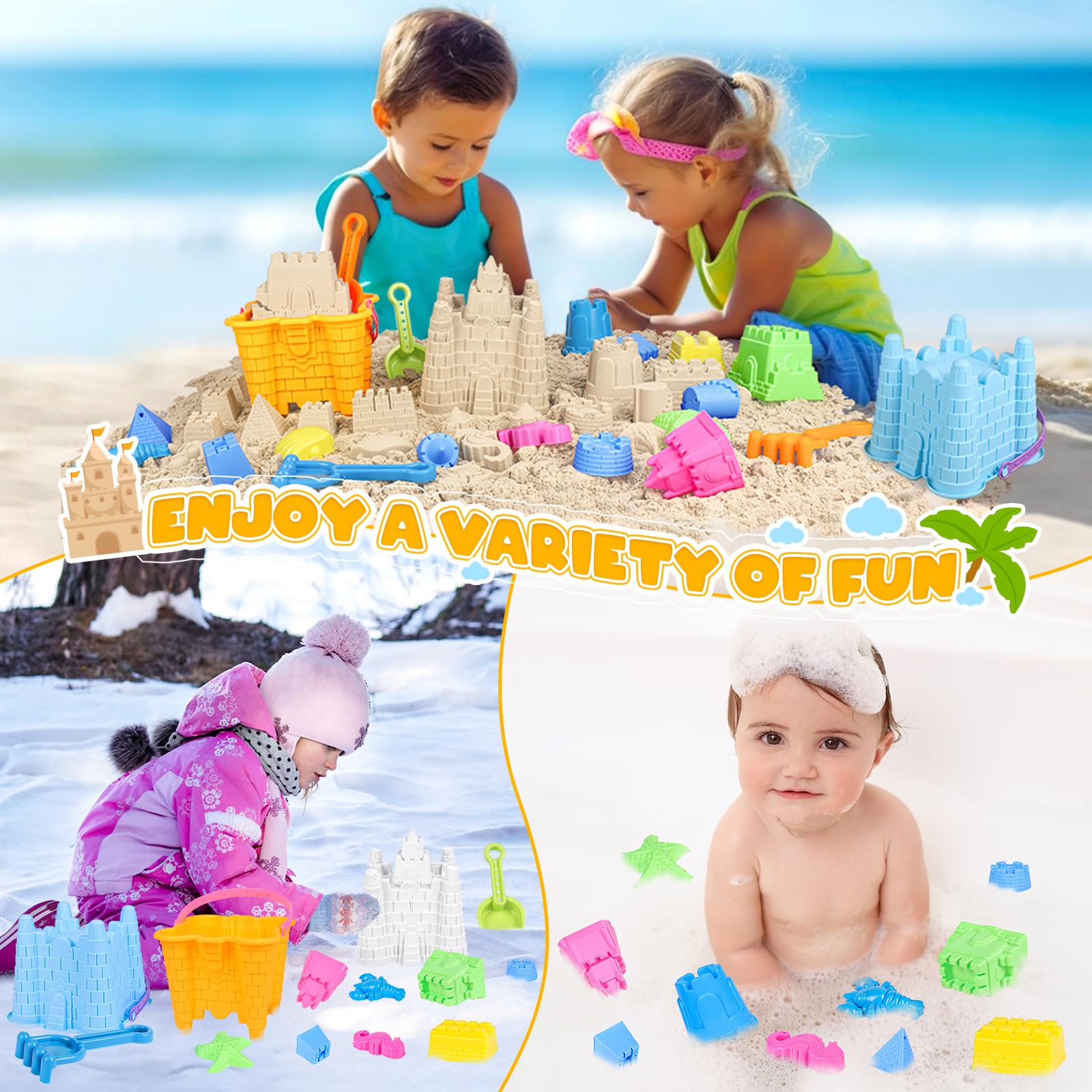 **Best Beach Toys for Toddlers & Kids - 2 Sand Buckets, 2 Mesh Bags, 4 Shovels & Sand Molds - Fun Sand Castle Building Set for Boys & Girls Ages 3-10 - Perfect for Beach, Sandbox & Outdoor Play**
