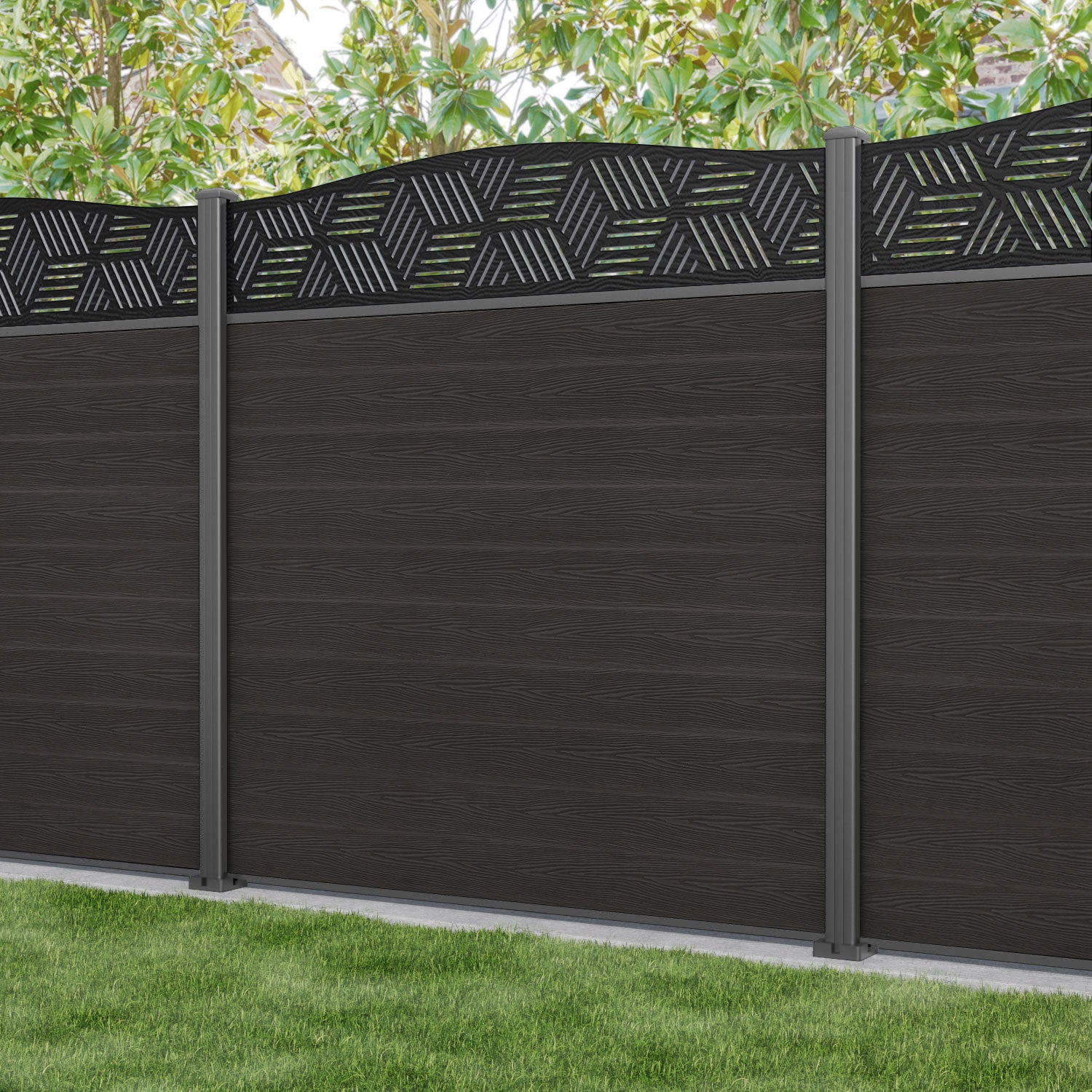 Classic Cubed Curved Top Fence Panel - Dark Oak Wood with Aluminum Posts | Privacy Fencing for Backyard, Garden & Outdoor Decor