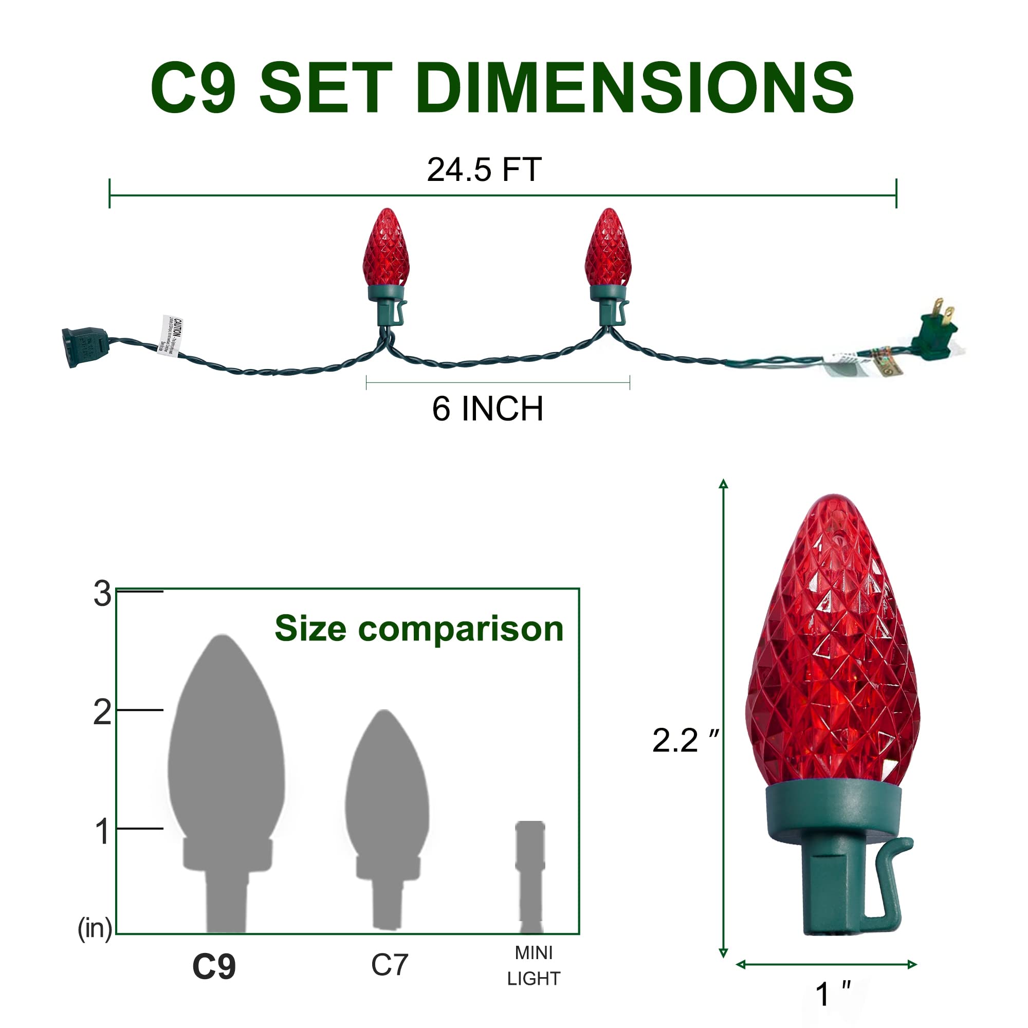 C9 Valentines String Lights - 50 LED 24.5 FT Connectable Faceted Christmas Lights, UL Certified 120V Commercial Grade Indoor/Outdoor Strawberry Lights for Patio, Holiday Parties & Home Decor (Red) - Perfect for Valentine's Day, Christmas Decorations, Wedding Events and Backyard Lighting