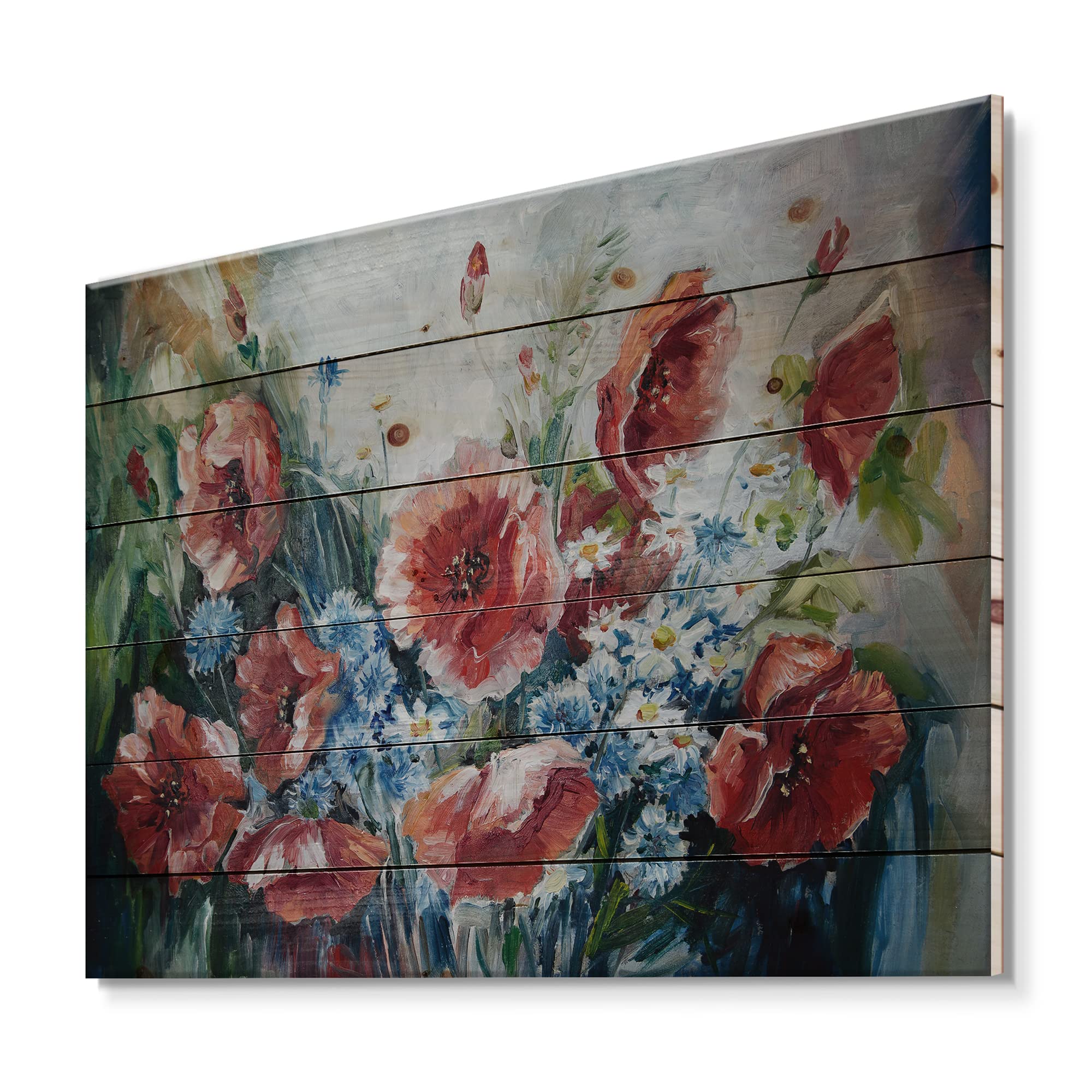 Vintage Poppy Flower Wood Wall Art - Handmade Traditional Red Floral Decor, Large Pine Wood Panel for Living Room, Bedroom & Office - Unique Home Décor Gift Idea