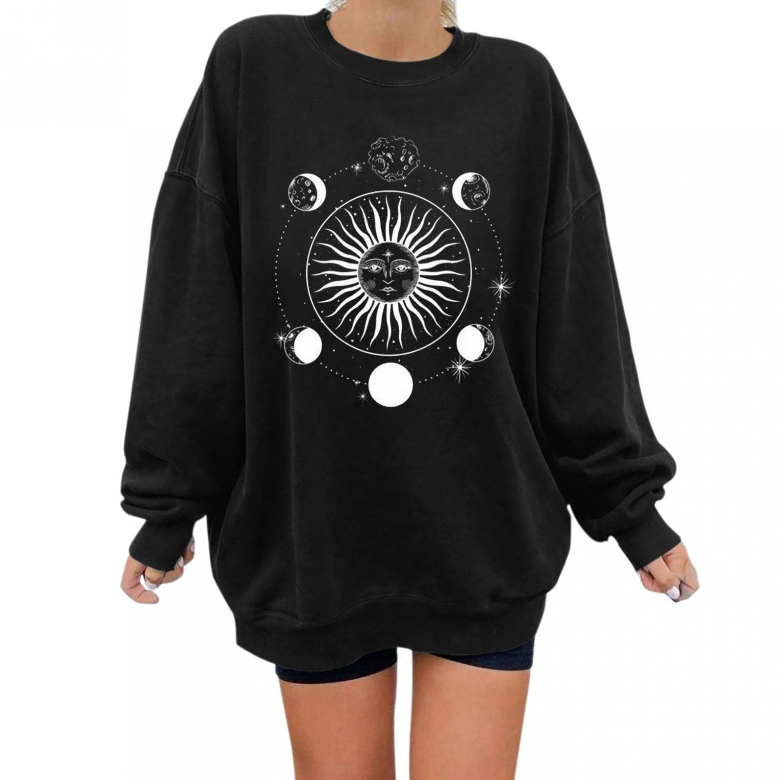 Women's Graphic Hooded Sweatshirt - Sun Moon Print Long Sleeve Pullover Blouse | Casual Streetwear for Everyday Wear, Fall Fashion, and Outdoor Activities