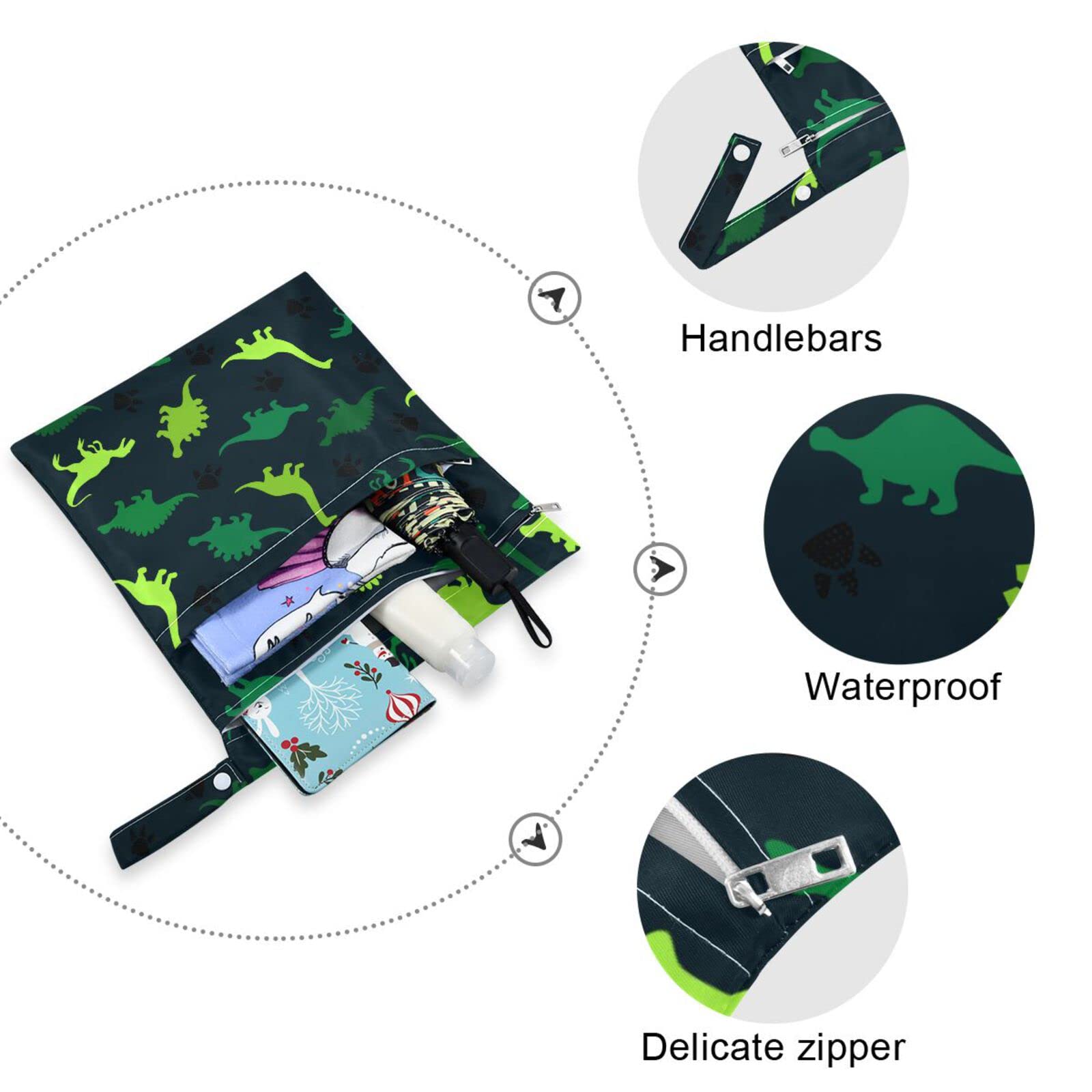 Dinosaur Wet Dry Bags 2-Pack - Waterproof Reusable Cloth Diaper Storage for Travel, Gym & Baby Essentials | Perfect for Diaper Bags, Swim Gear & Dirty Laundry Organization