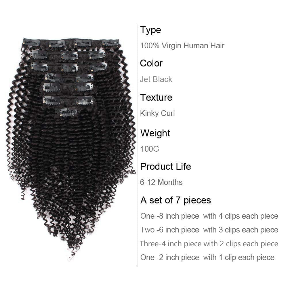 ABH AMAZINGBEAUTY 22 Inch Kinky Curly Clip-in Hair Extensions - 3C/4A Double Wefts 120g Real Remy Human Hair for African American Women | #1 Jet Black | Perfect for Parties, Weddings & Everyday Glam