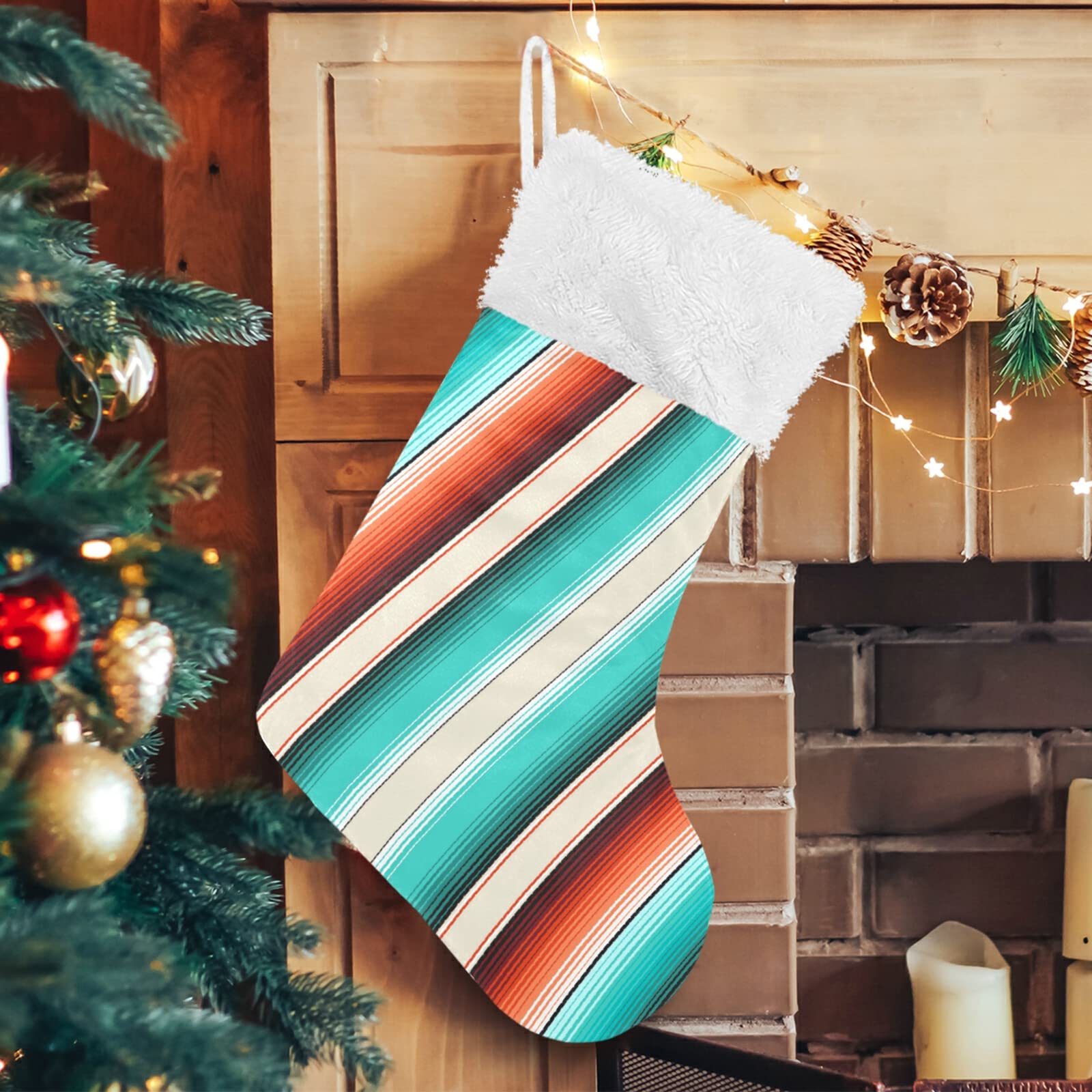 2 Pack Mexican Serape Striped Christmas Stockings - 17.7 Inch Large Fireplace Hanging Decorations for Holiday Gift Exchange & Festive Home Decor